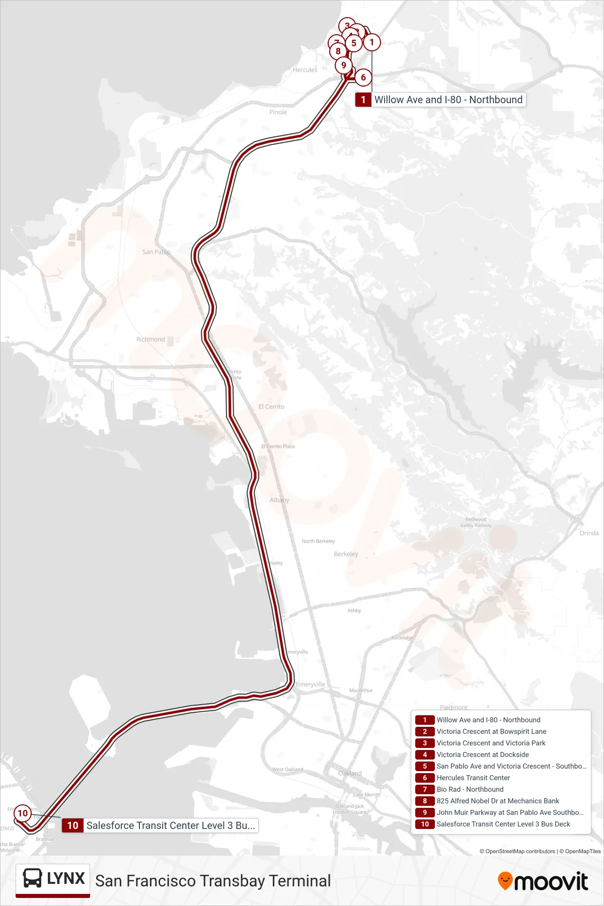 LYNX bus Line (San Francisco Transbay Terminal) route and stops on a map