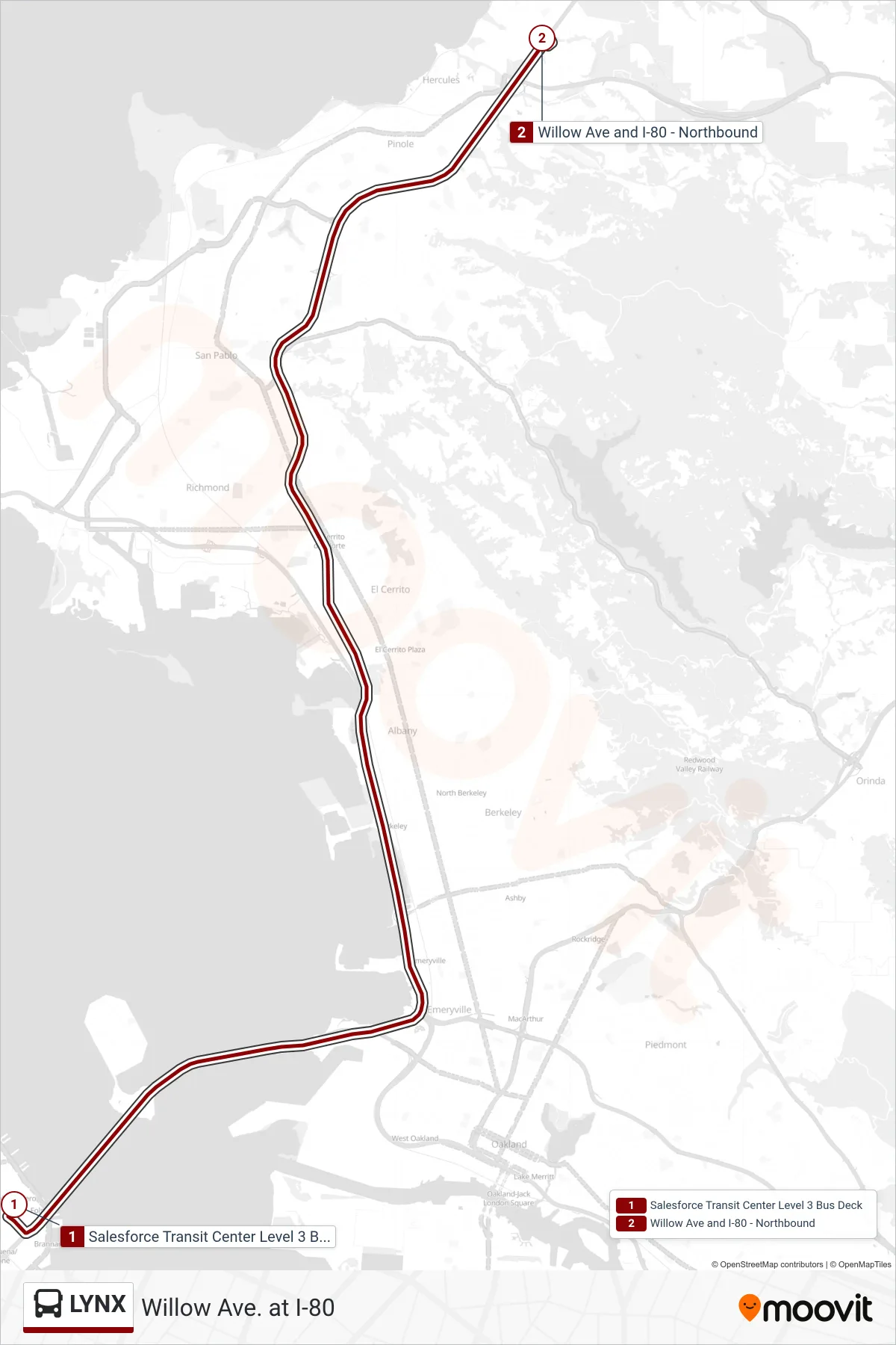 LYNX bus Line (Willow Ave. at I-80) route and stops on a map