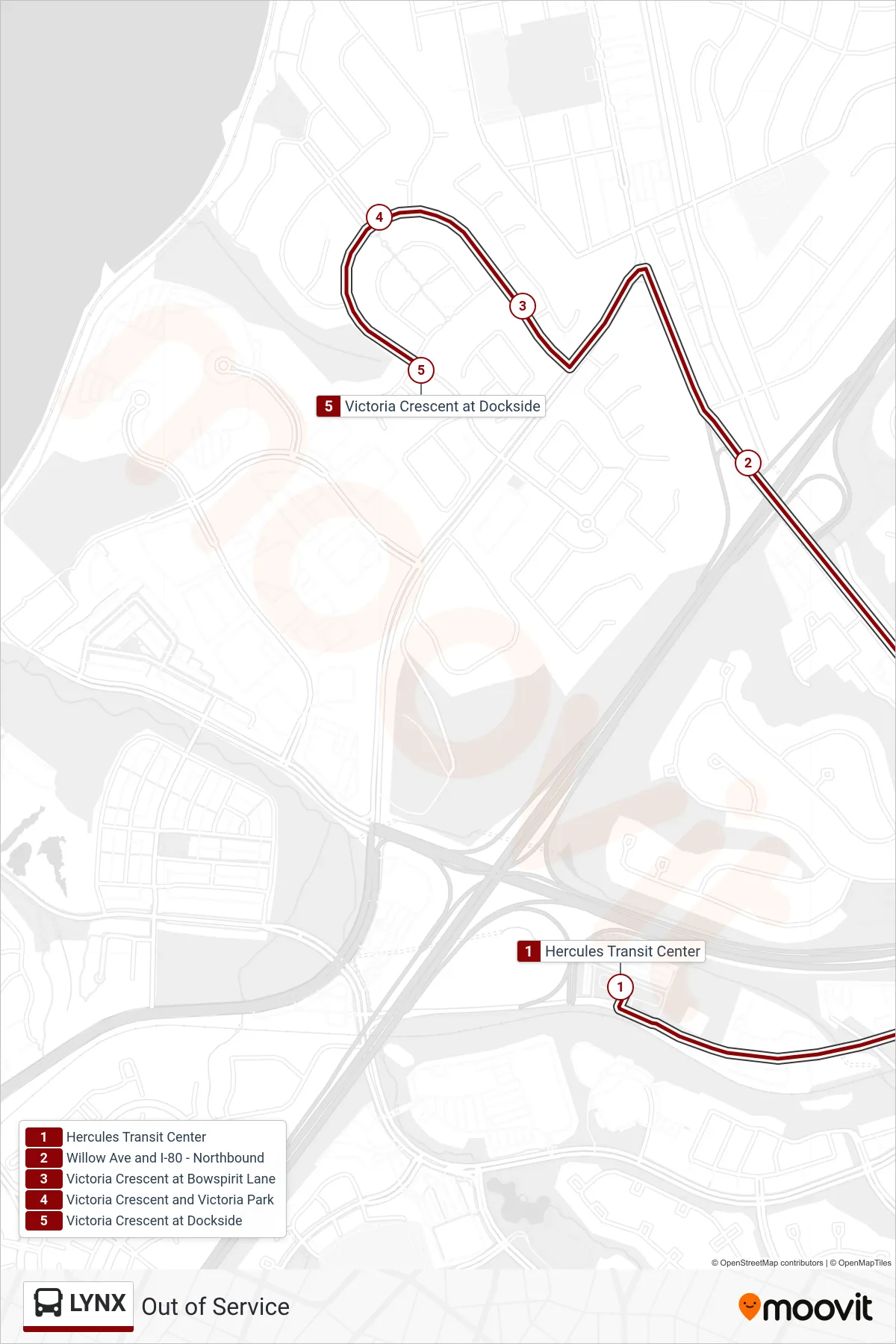 LYNX bus Line (Out of Service) route and stops on a map