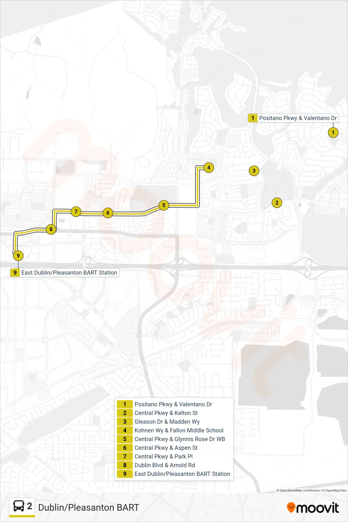 2 bus Line (Dublin/Pleasanton BART) route and stops on a map