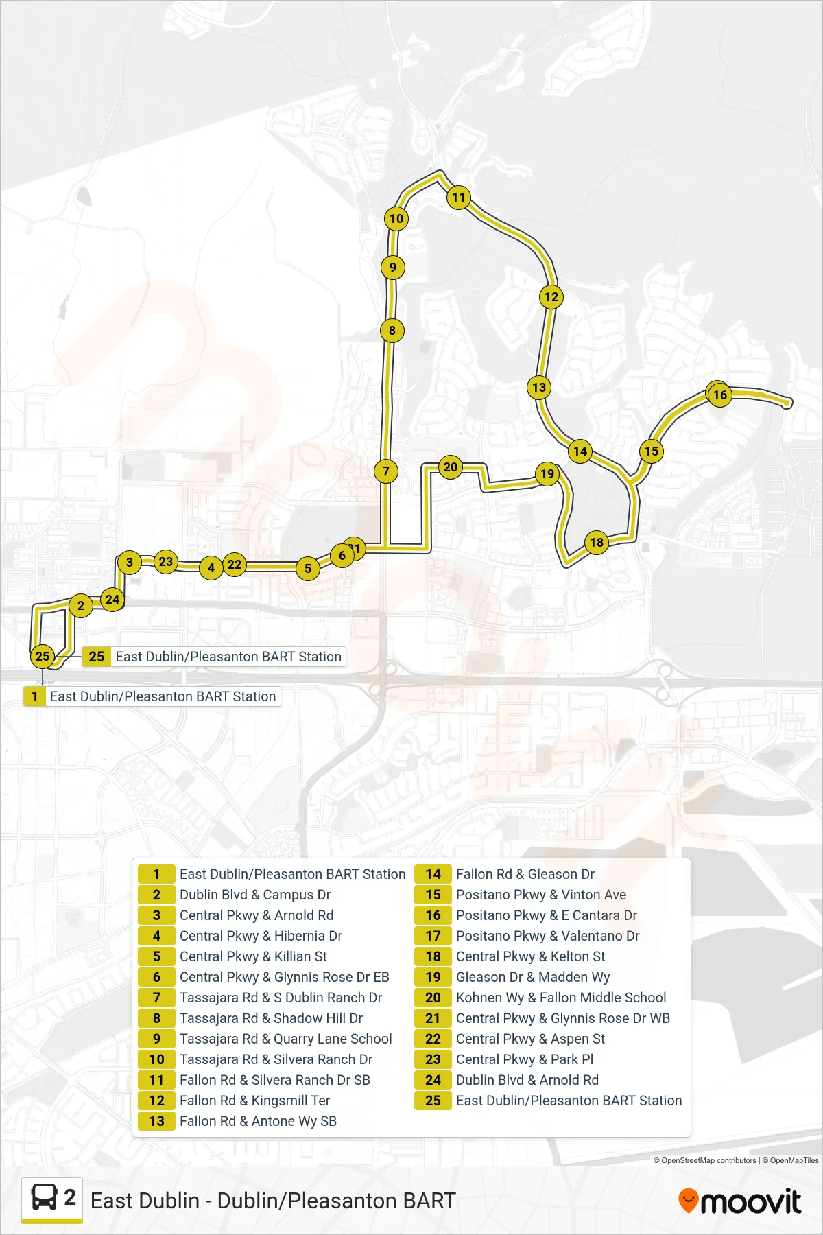 2 bus Line (East Dublin - Dublin/Pleasanton BART) route and stops on a map