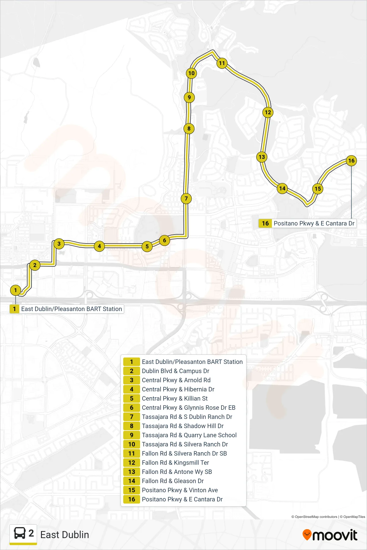 2 bus Line (East Dublin) route and stops on a map