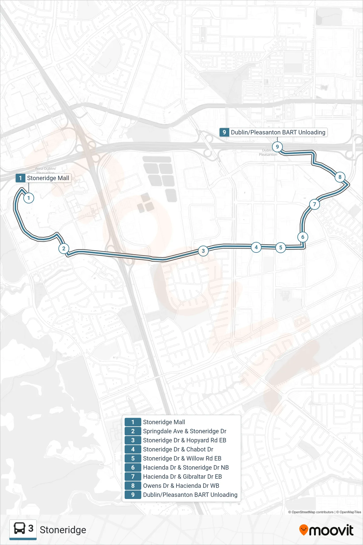 3 bus Line (Dublin/Pleasanton BART) route and stops on a map