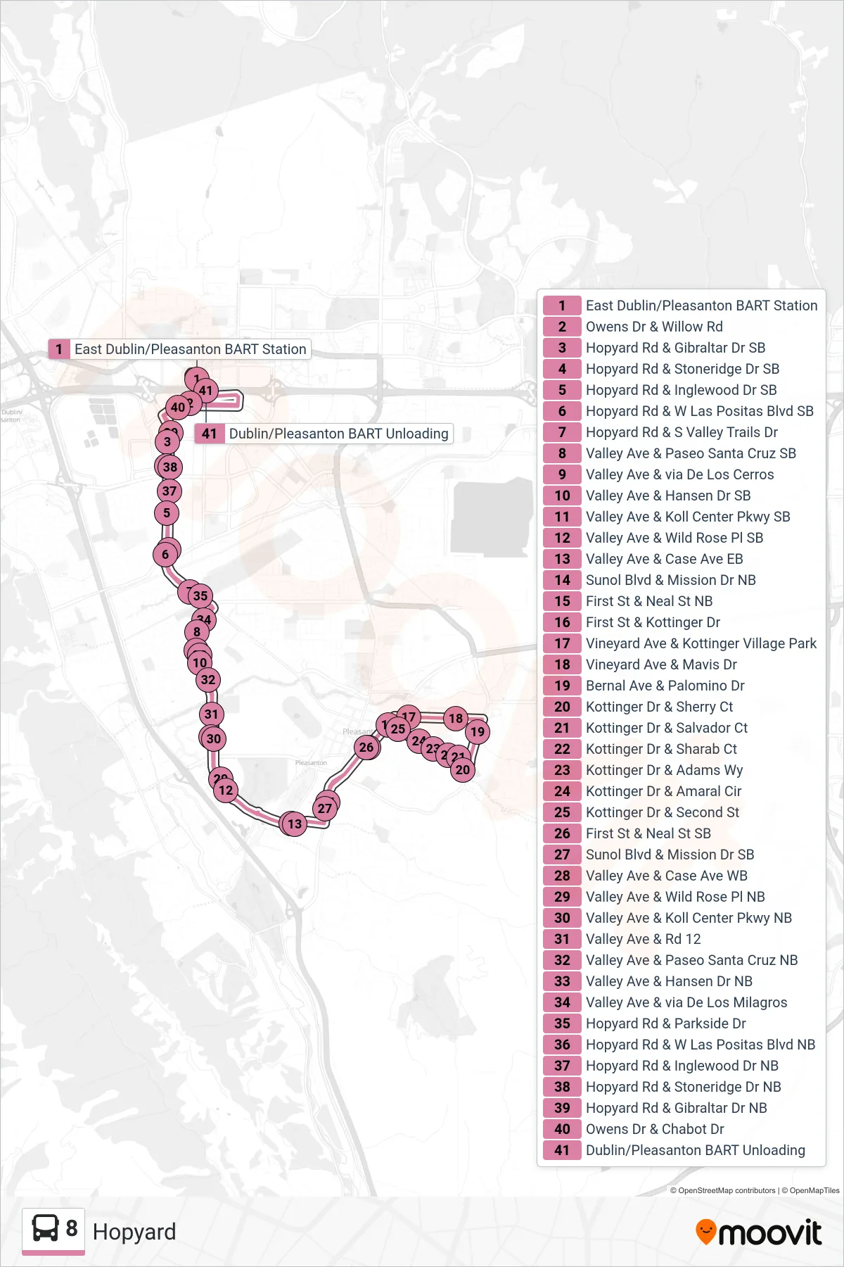 8 bus Line (Downtown Pleasanton - Dublin/Pleasanton BART) route and stops on a map