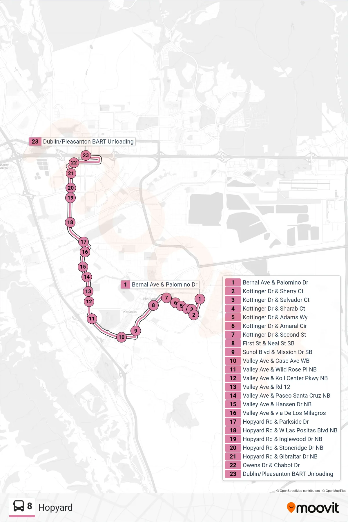 8 bus Line (Dublin/Pleasanton BART) route and stops on a map