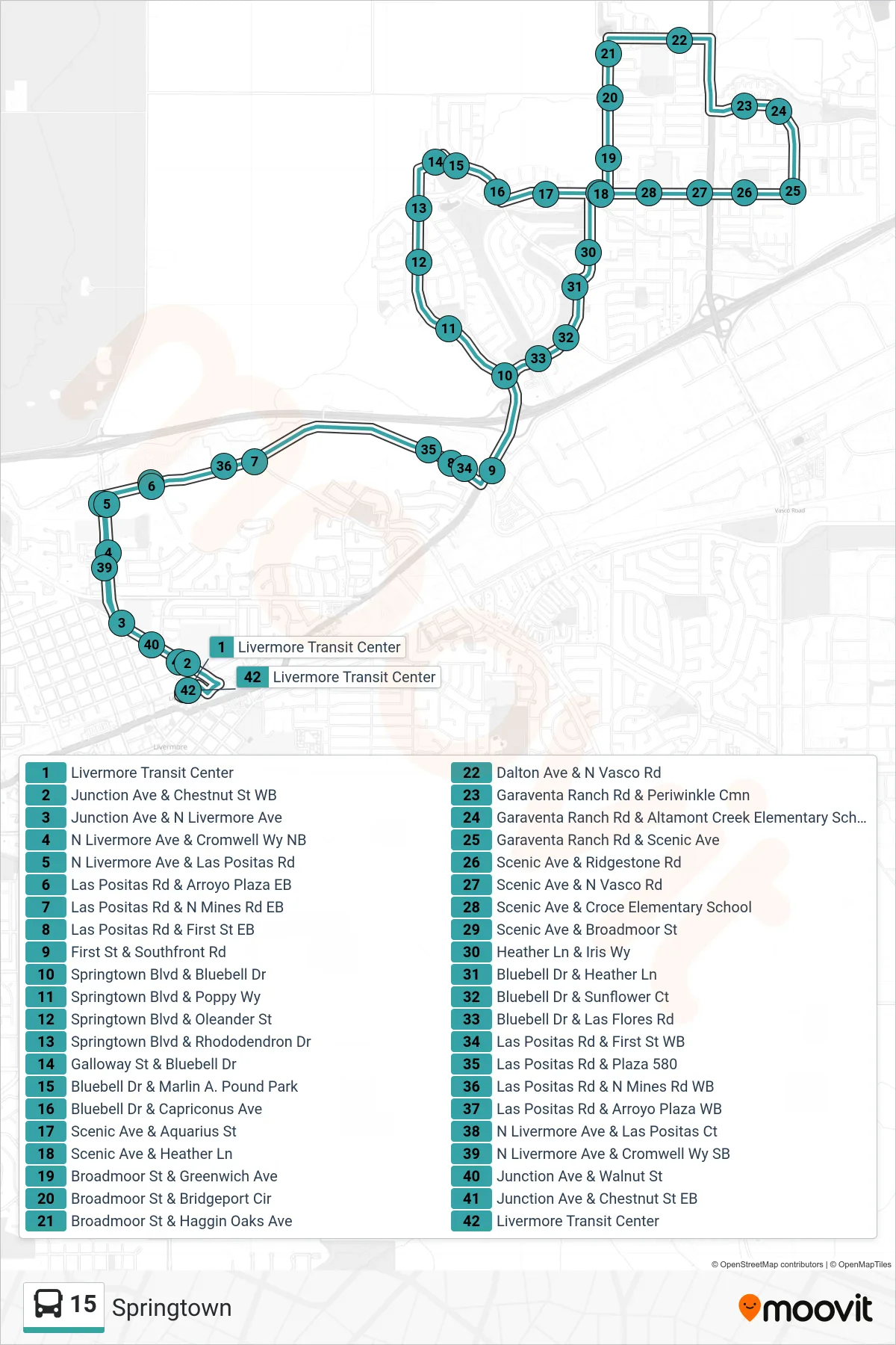 15 bus Line (Springtown - Livermore Transit Center) route and stops on a map
