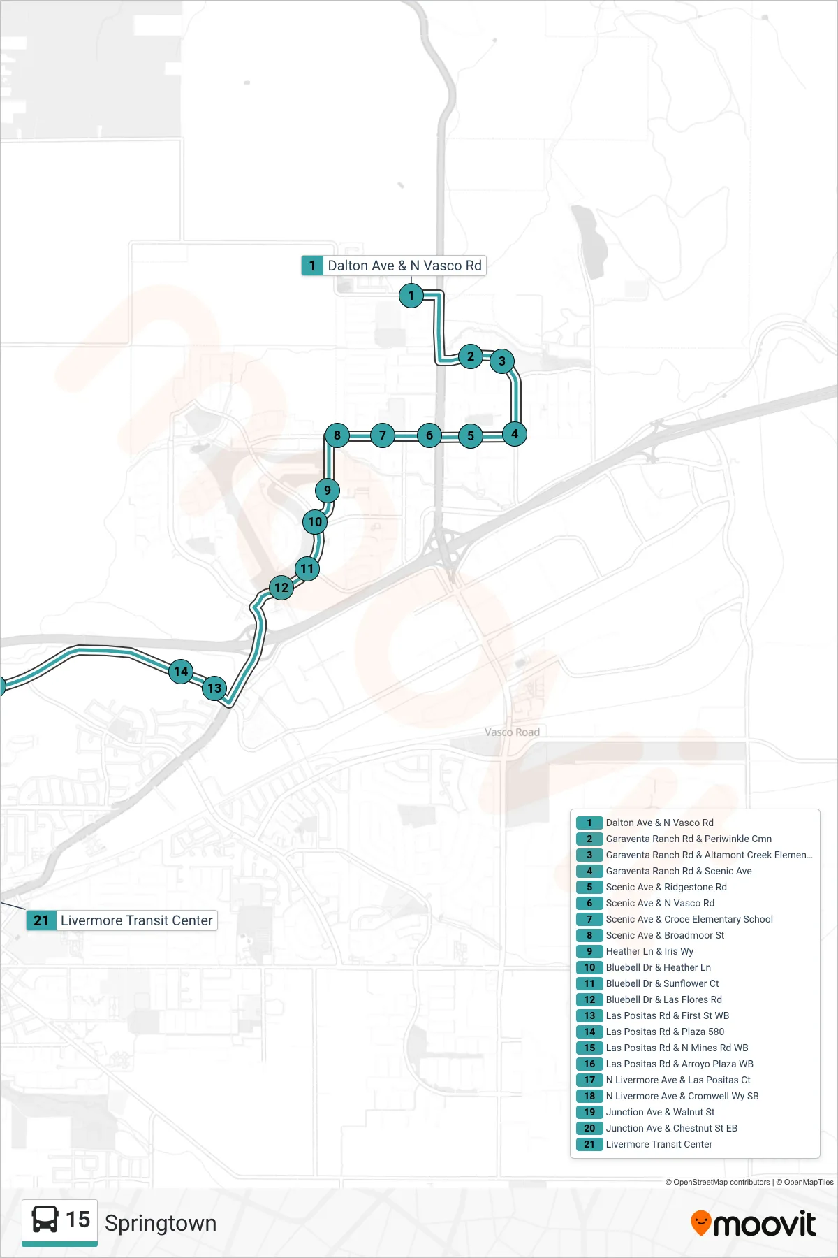 15 bus Line (Livermore Transit Center) route and stops on a map
