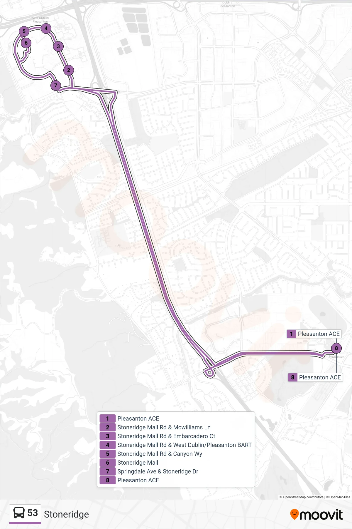 53 bus Line (Stoneridge - Pleasanton ACE) route and stops on a map