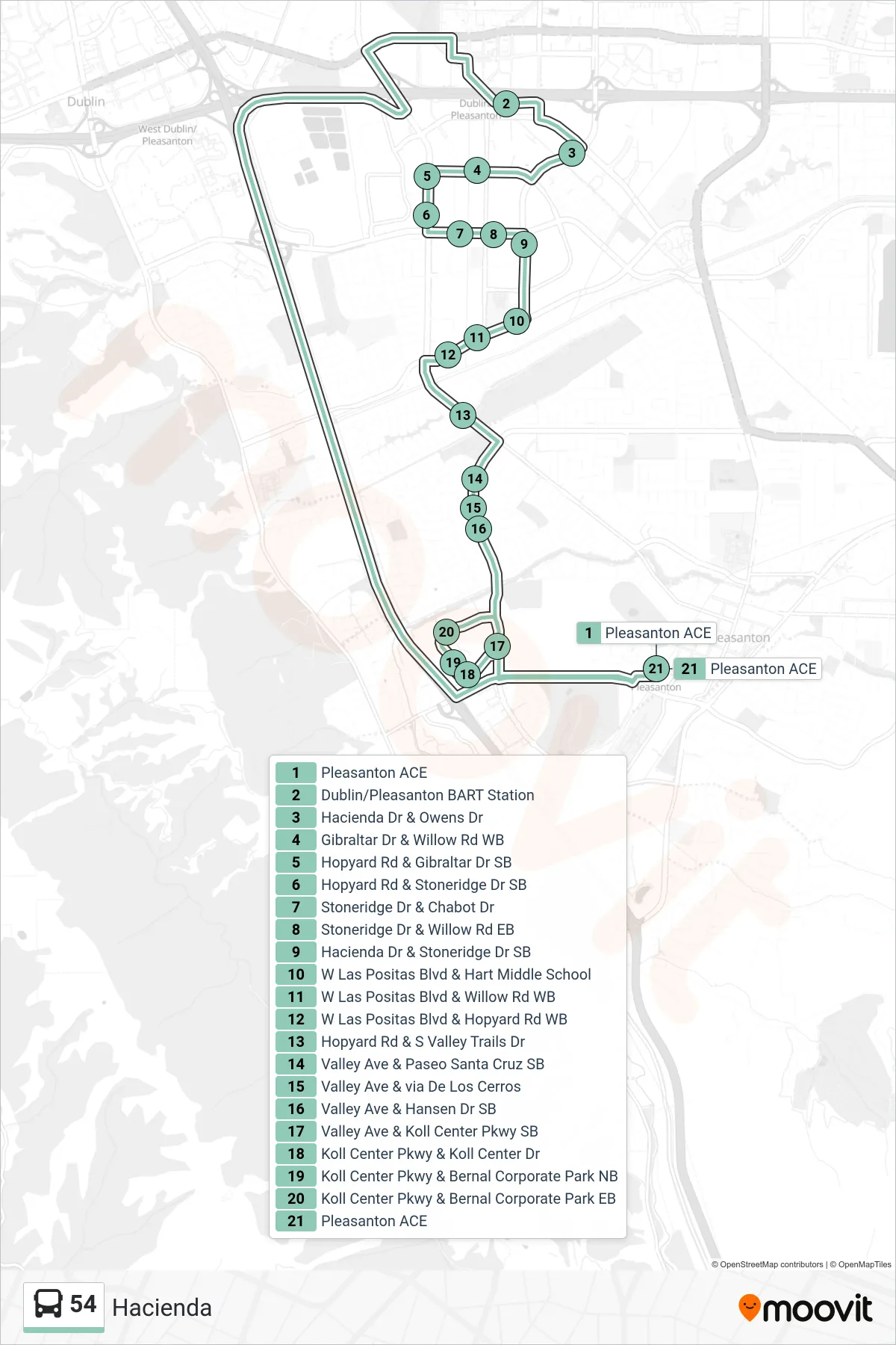 54 bus Line (Dublin/Pleasanton BART - Pleasanton ACE) route and stops on a map