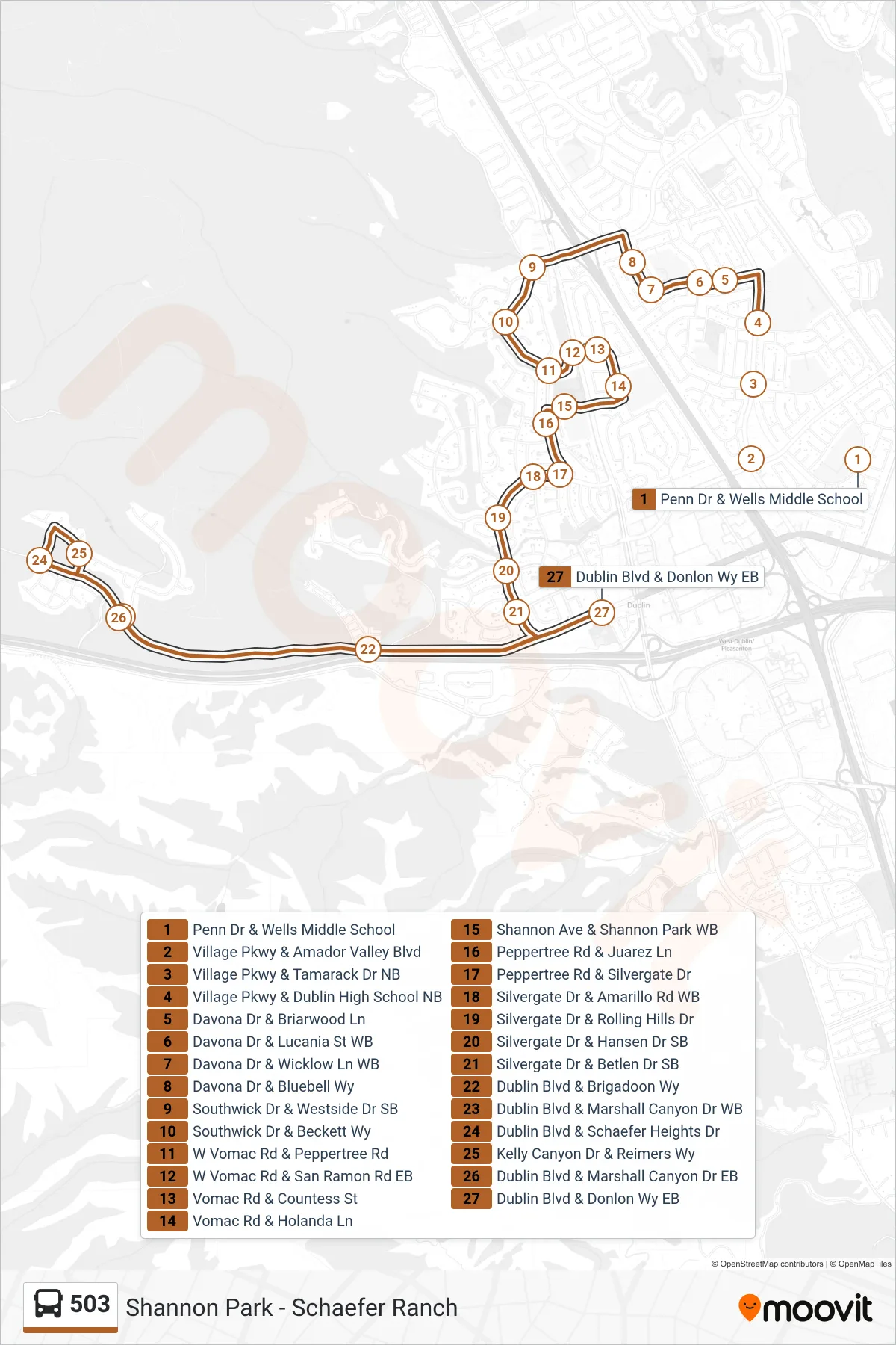 503 bus Line (Shannon Park - Schaefer Ranch) route and stops on a map