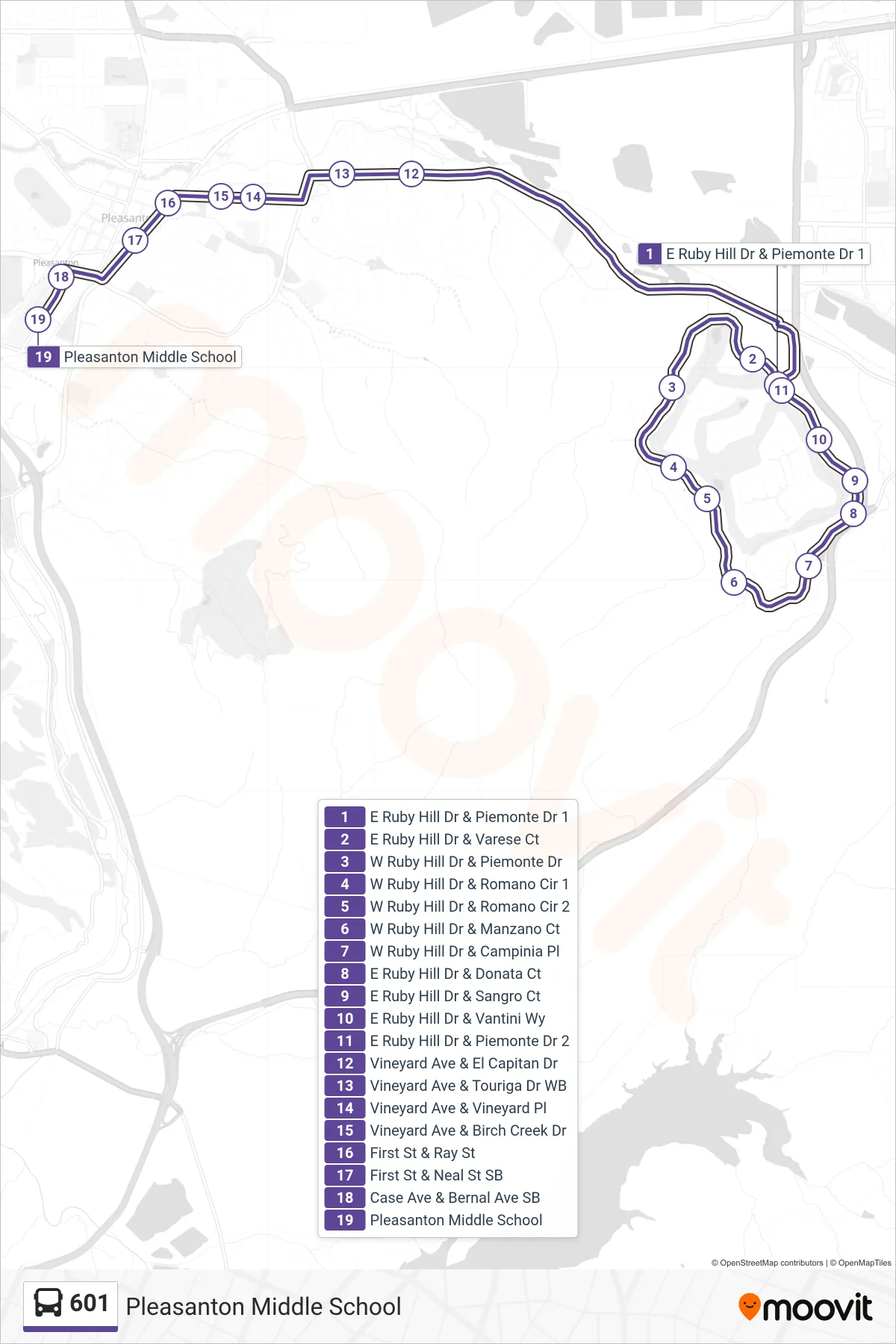 601 bus Line (Pleasanton Middle School) route and stops on a map