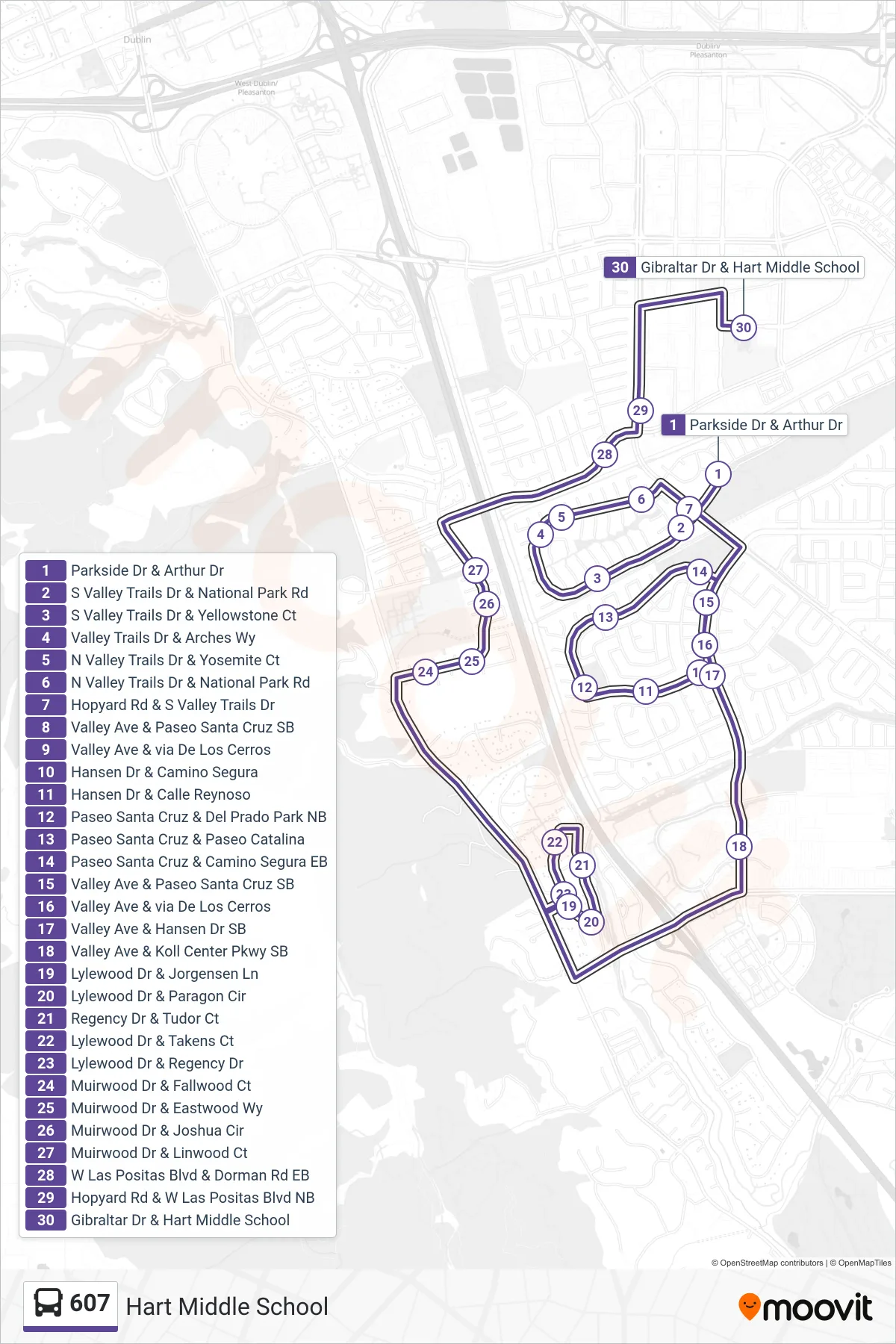 607 bus Line (Hart Middle School) route and stops on a map