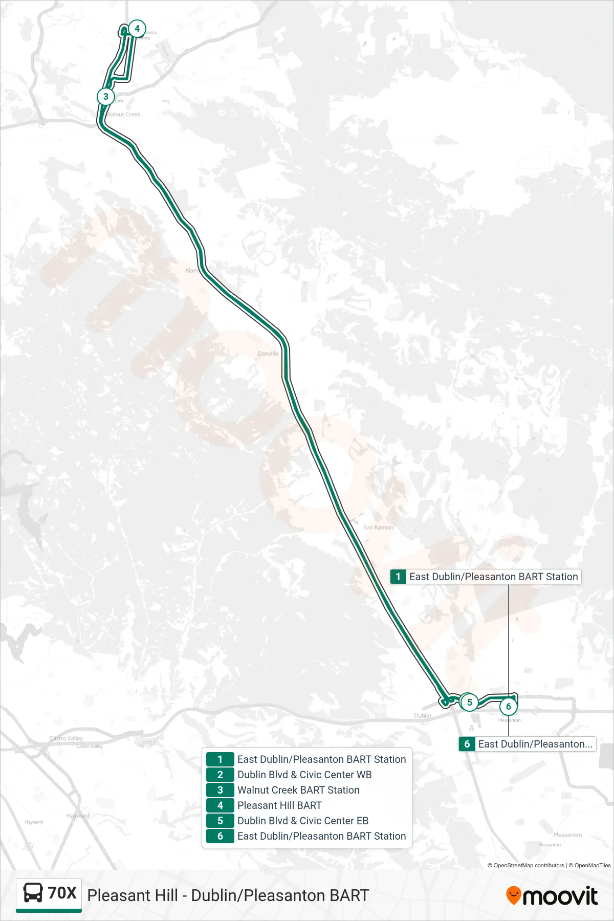 70X bus Line (Pleasant Hill - Dublin/Pleasanton BART) route and stops on a map