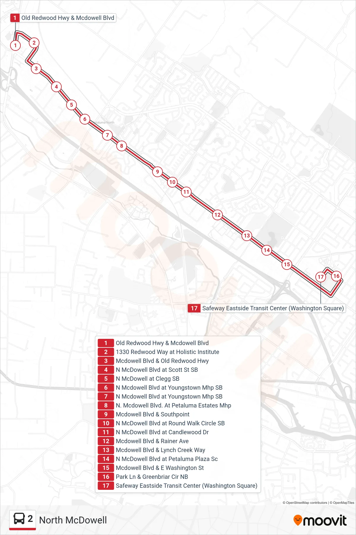 2 bus Line (2 Eastside Transit Ctr / Safeway) route and stops on a map