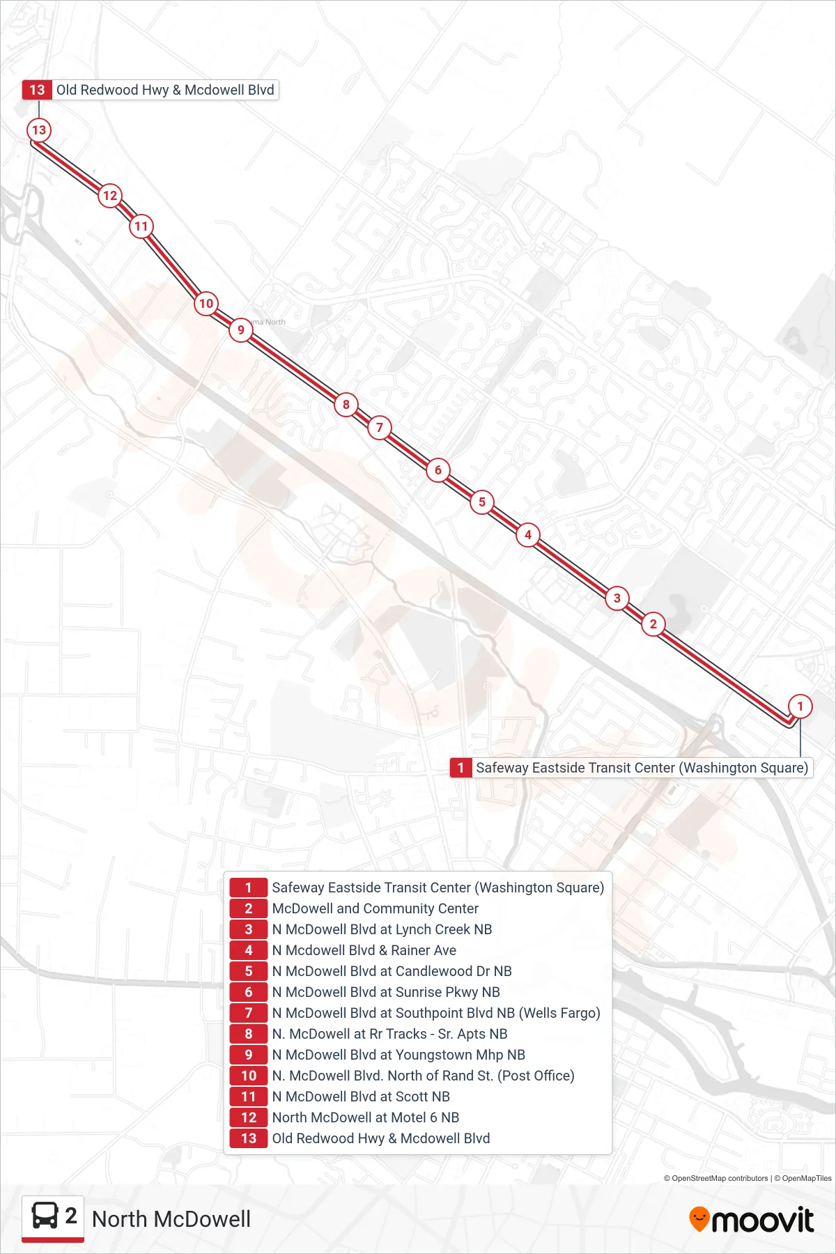 2 bus Line (2 N McDowell / Old Redwood Hwy) route and stops on a map