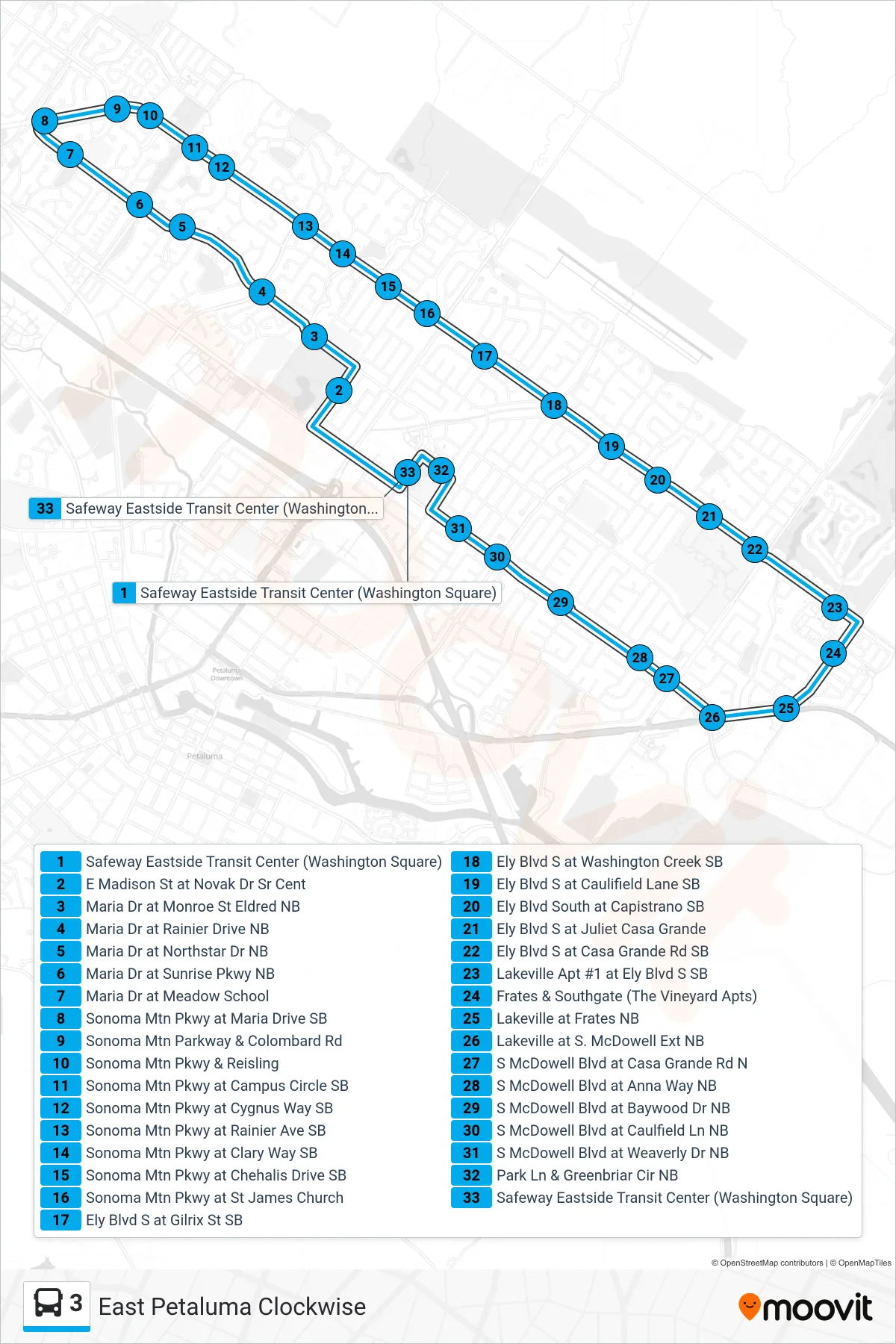 3 bus Line (Loop) route and stops on a map