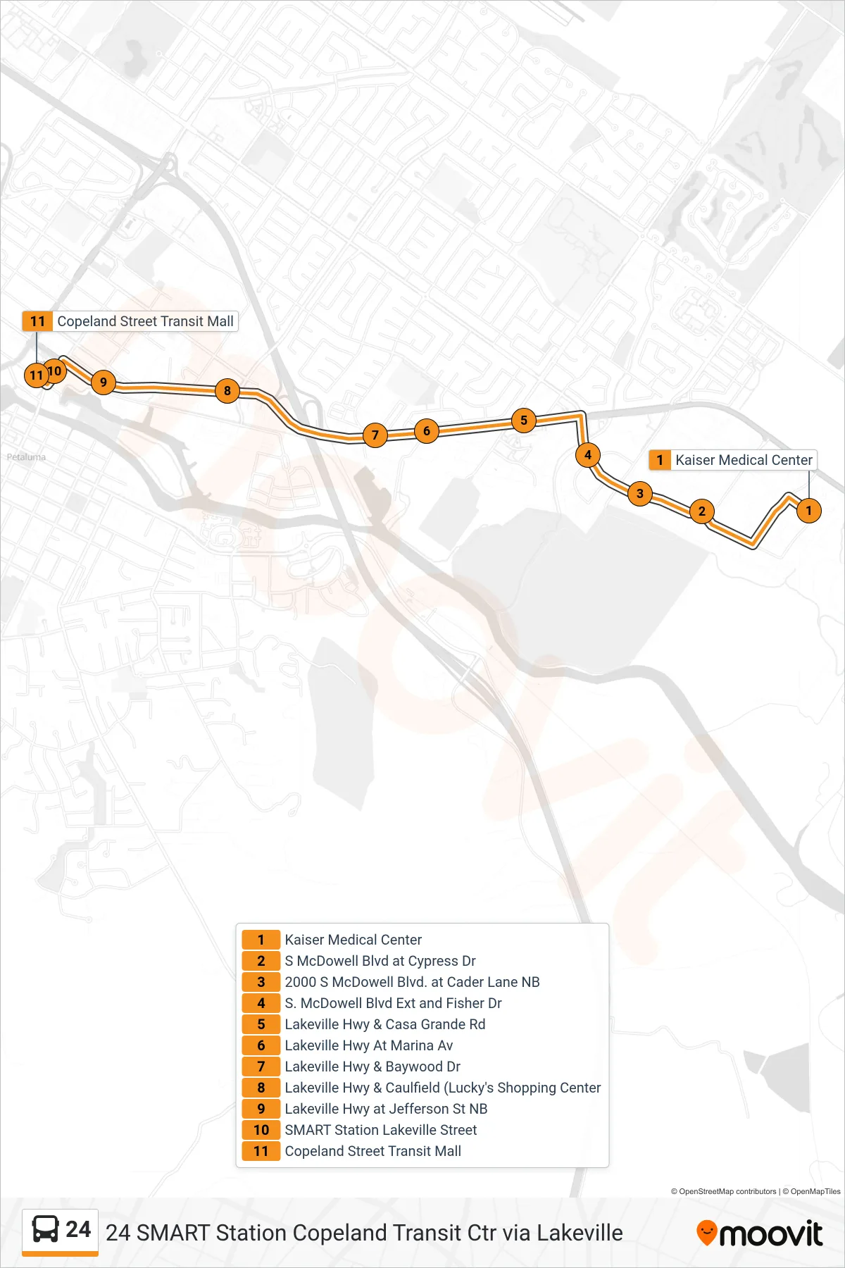24 bus Line (24 SMART Station Copeland Transit Ctr via Lakeville) route and stops on a map