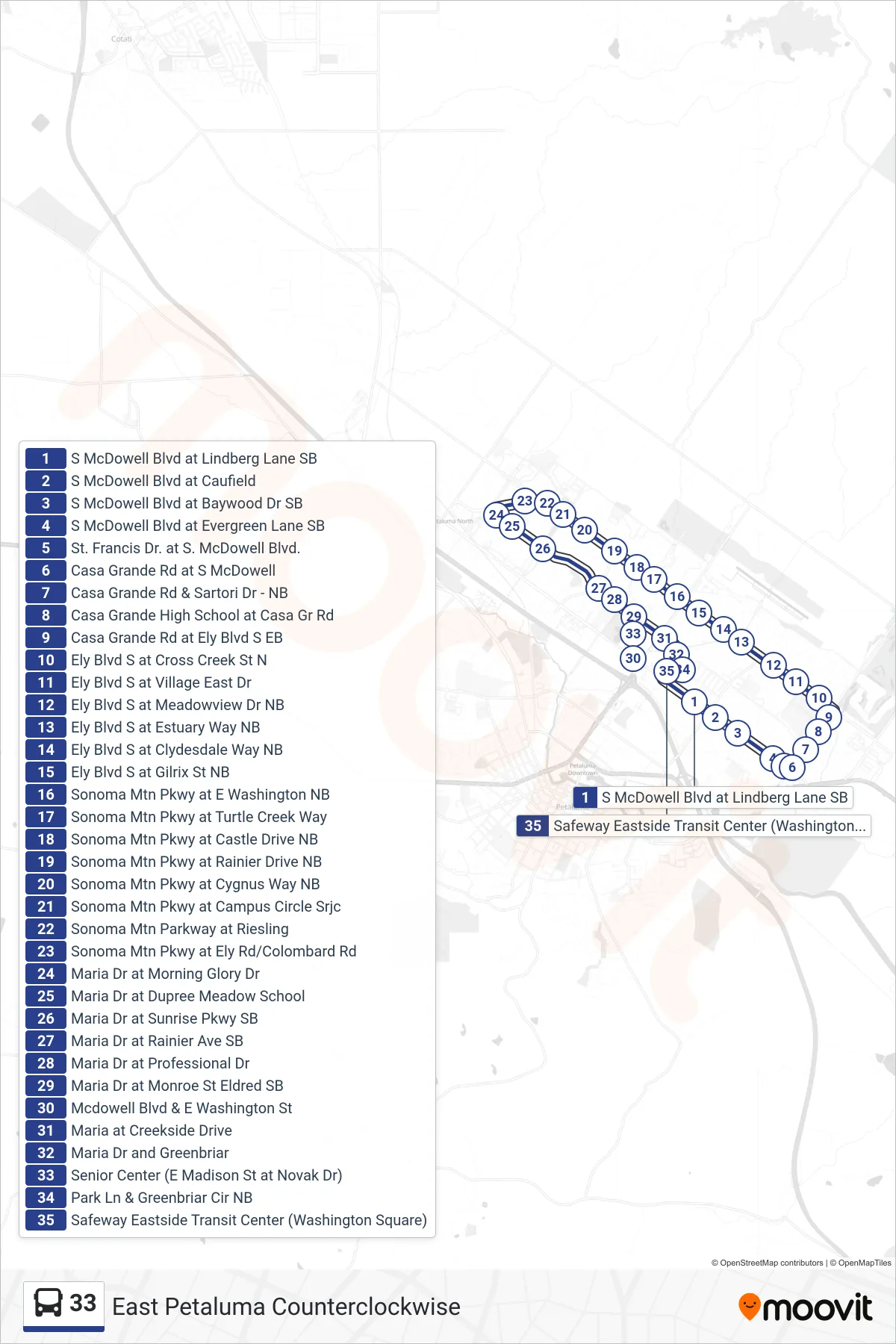 33 bus Line (Loop) route and stops on a map