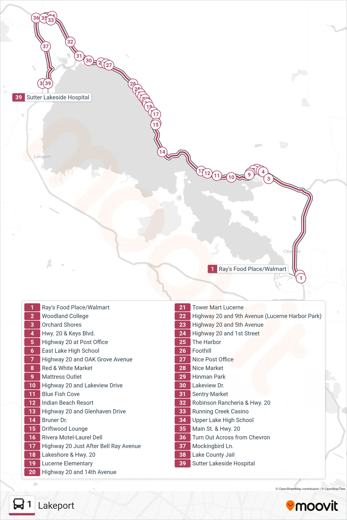 1 bus Line (Lakeport) route and stops on a map