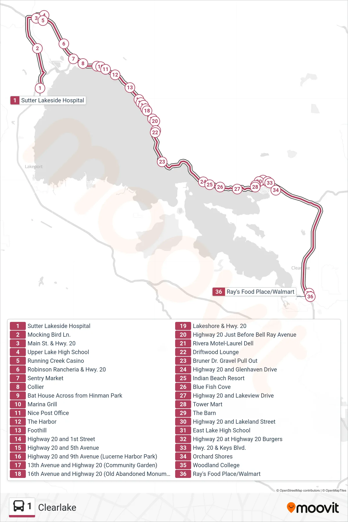 1 bus Line (Clearlake) route and stops on a map