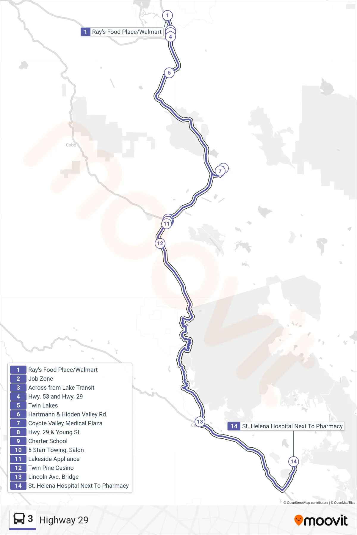 3 bus Line (Deer Park) route and stops on a map