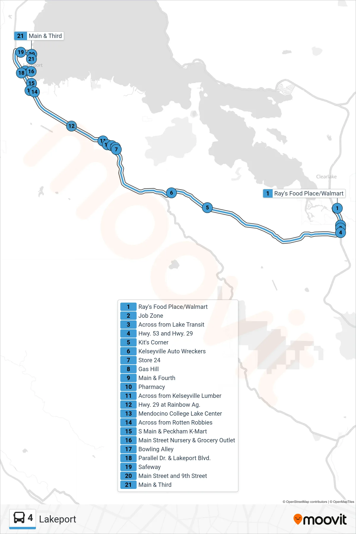4 bus Line (Lakeport) route and stops on a map