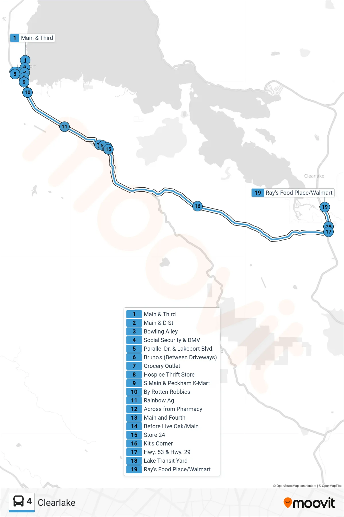 4 bus Line (Clearlake) route and stops on a map