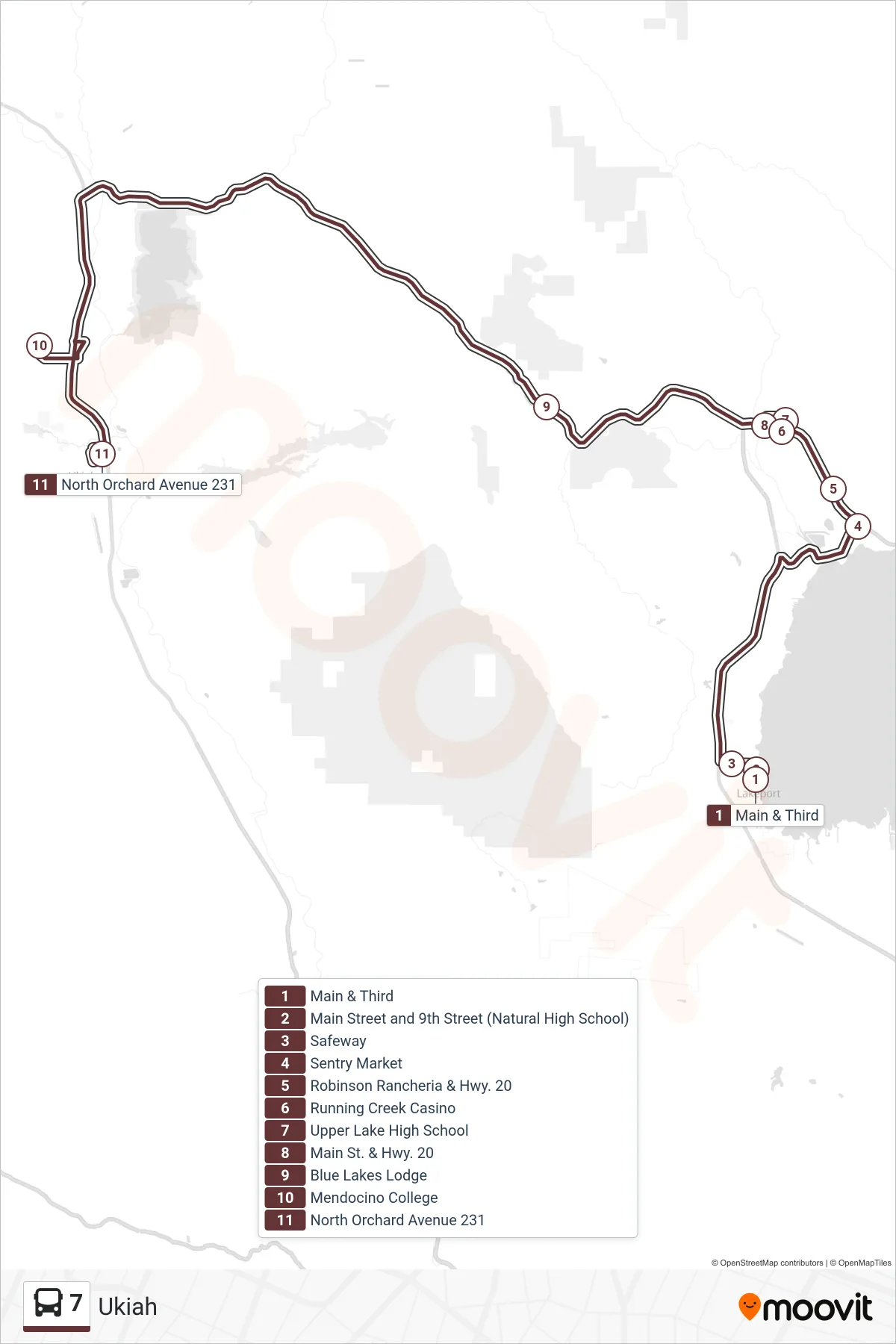 7 bus Line (Ukiah) route and stops on a map