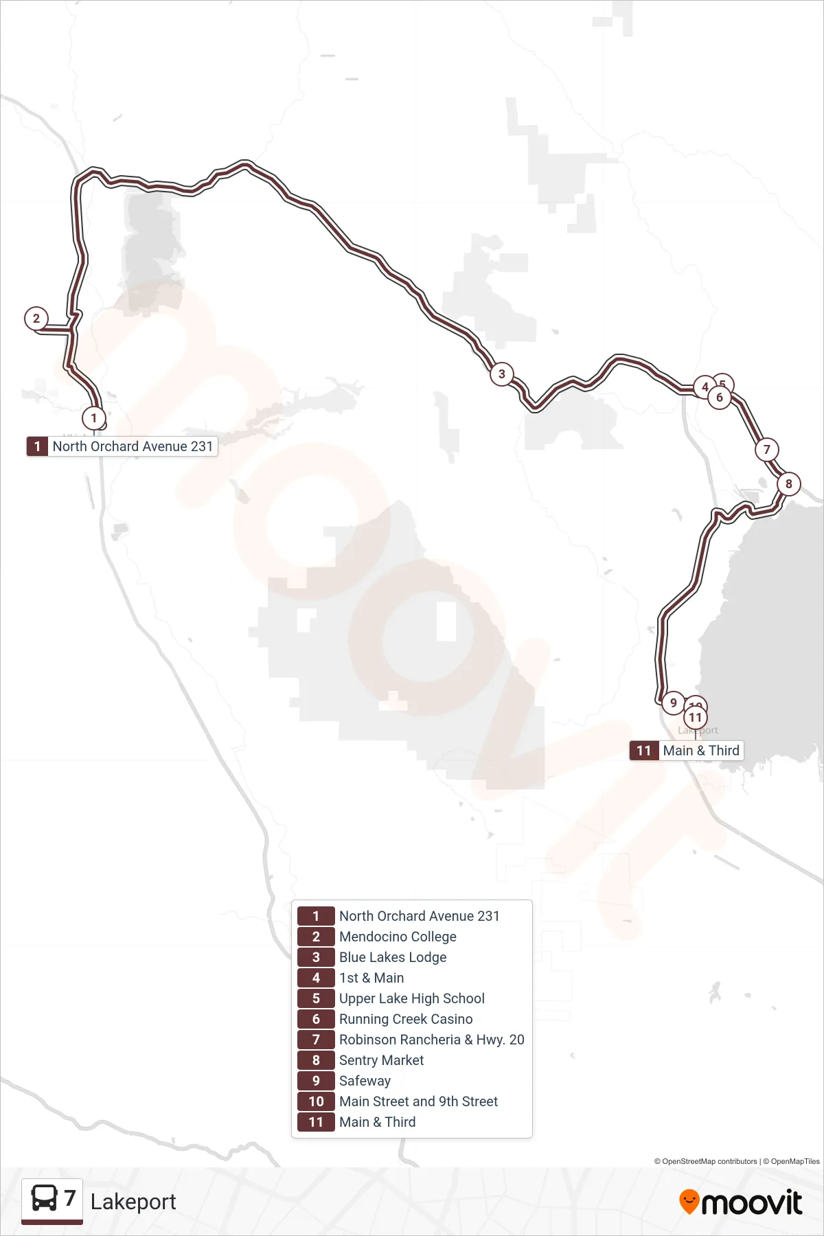 7 bus Line (Lakeport) route and stops on a map