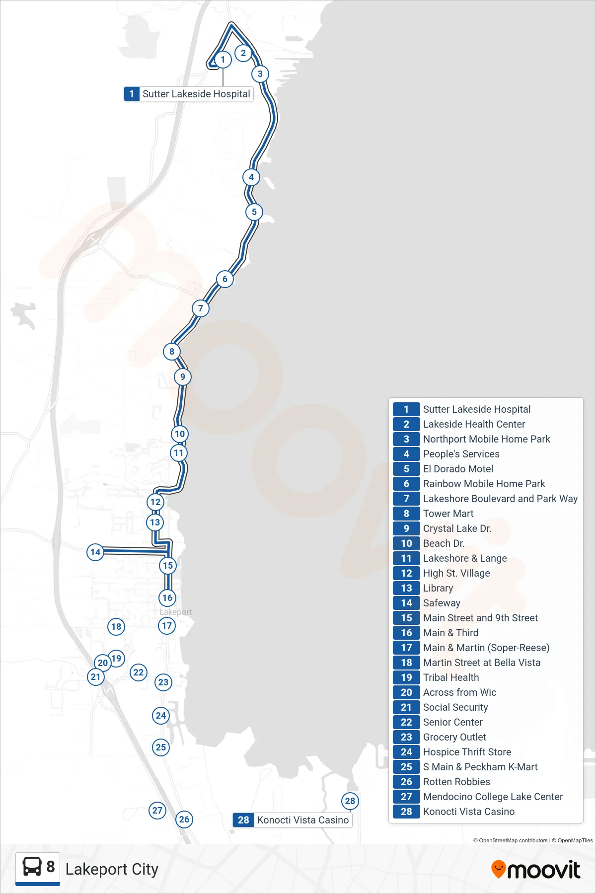 8 bus Line (Lakeport City) route and stops on a map