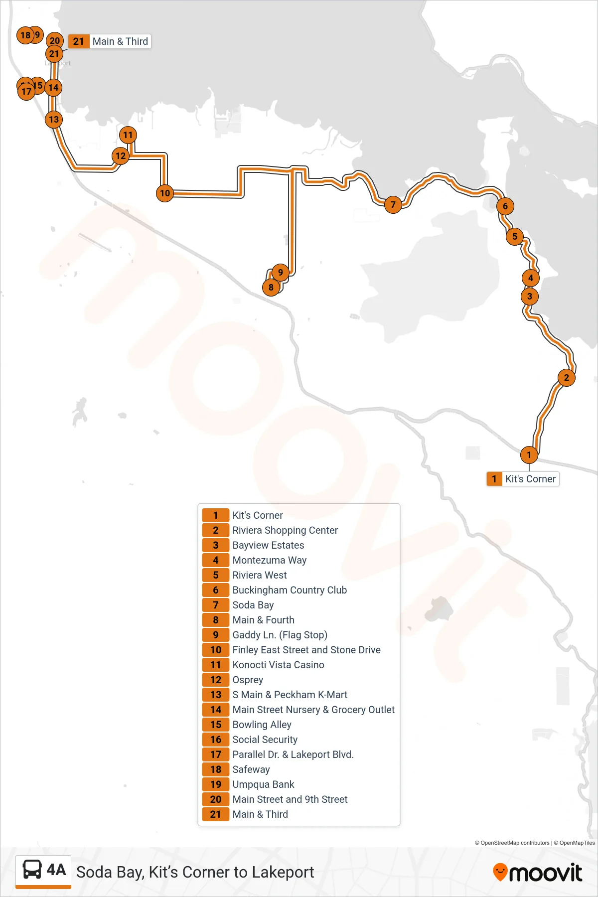 4A bus Line (Lakeport) route and stops on a map