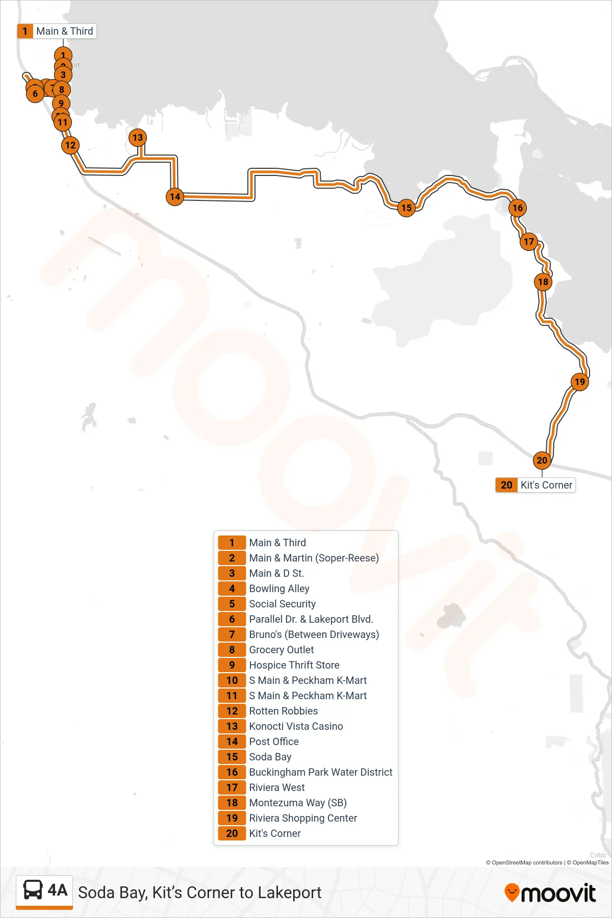 4A bus Line (Kit's Corner) route and stops on a map