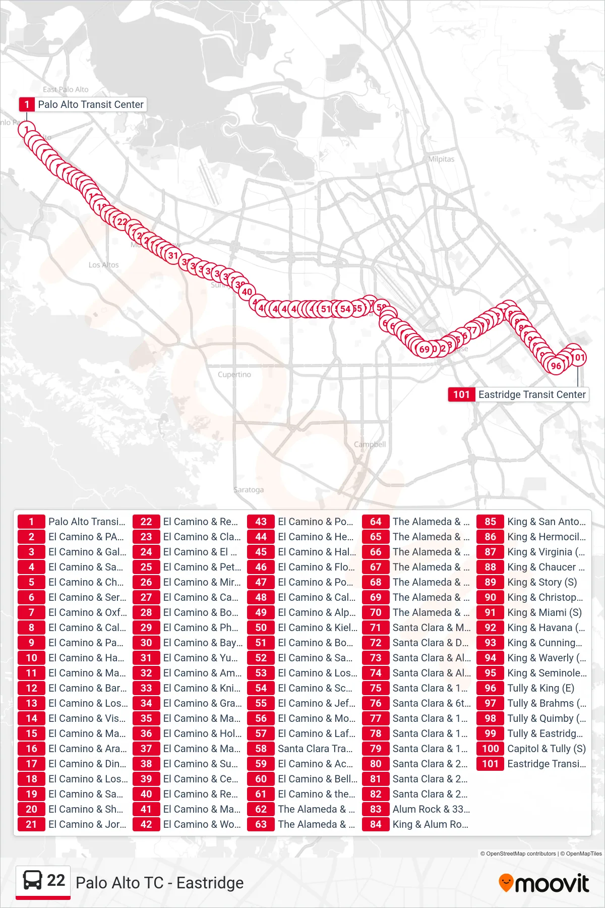22 bus Line (Eastridge) route and stops on a map