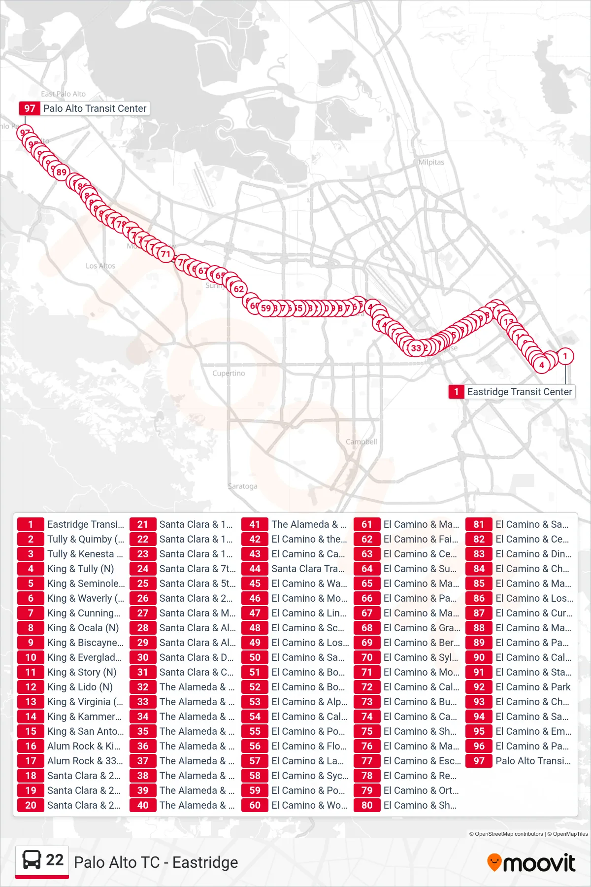 22 bus Line (Palo Alto) route and stops on a map