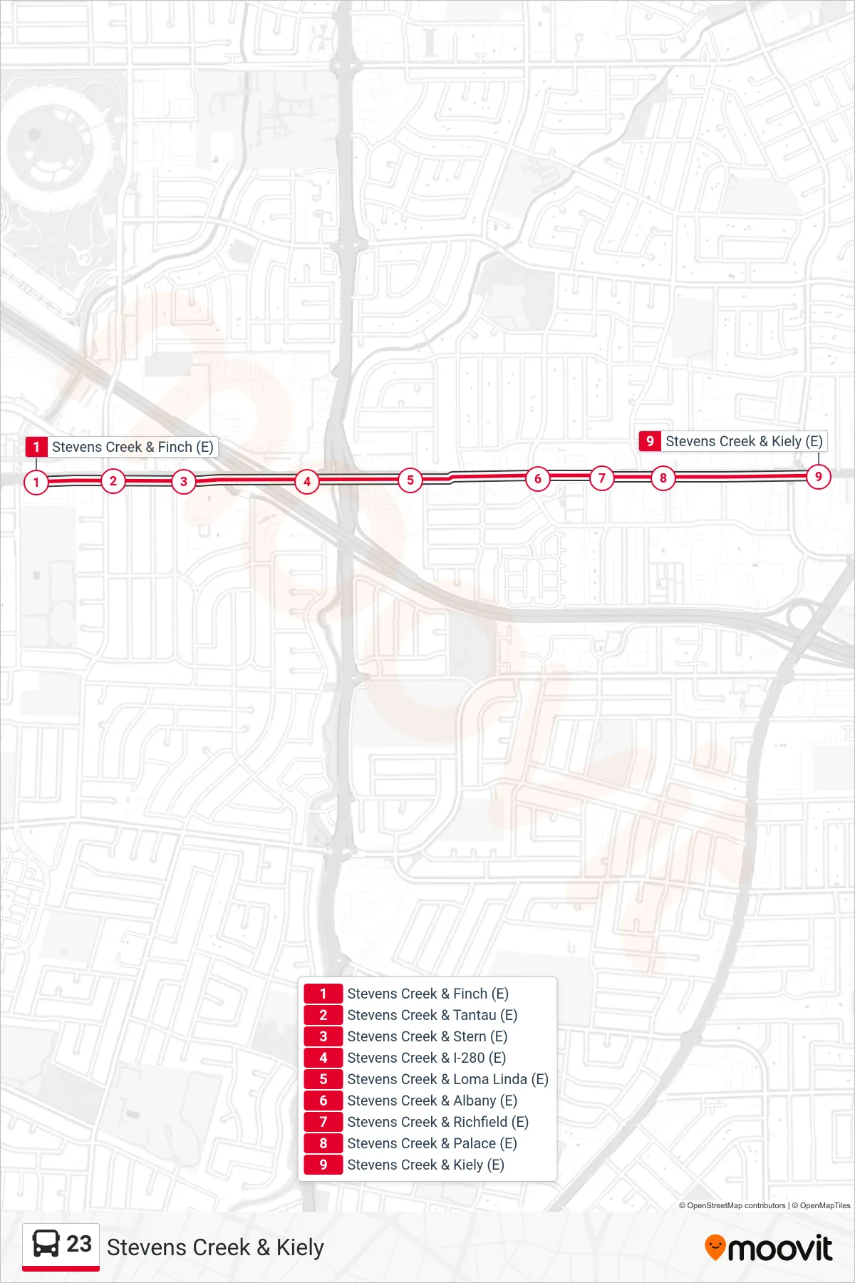 23 bus Line (Stevens Creek & Kiely) route and stops on a map