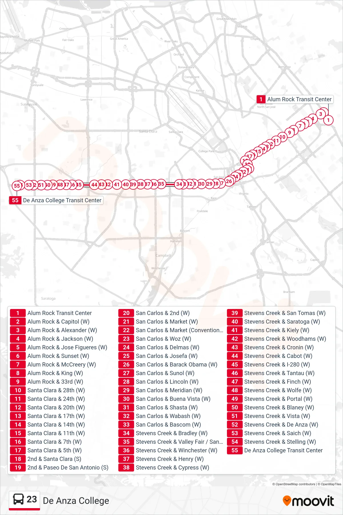 23 bus Line (De Anza College) route and stops on a map