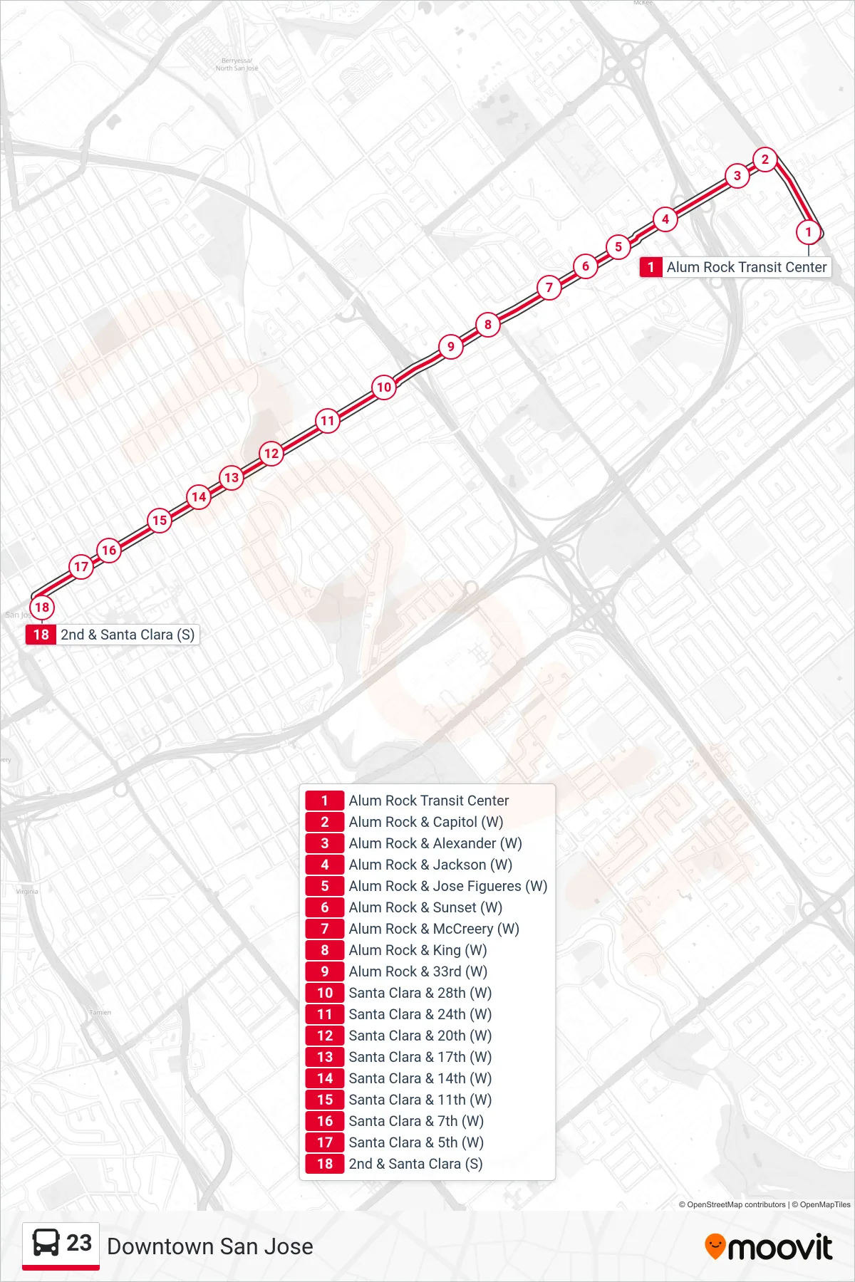 23 bus Line (Downtown San Jose) route and stops on a map