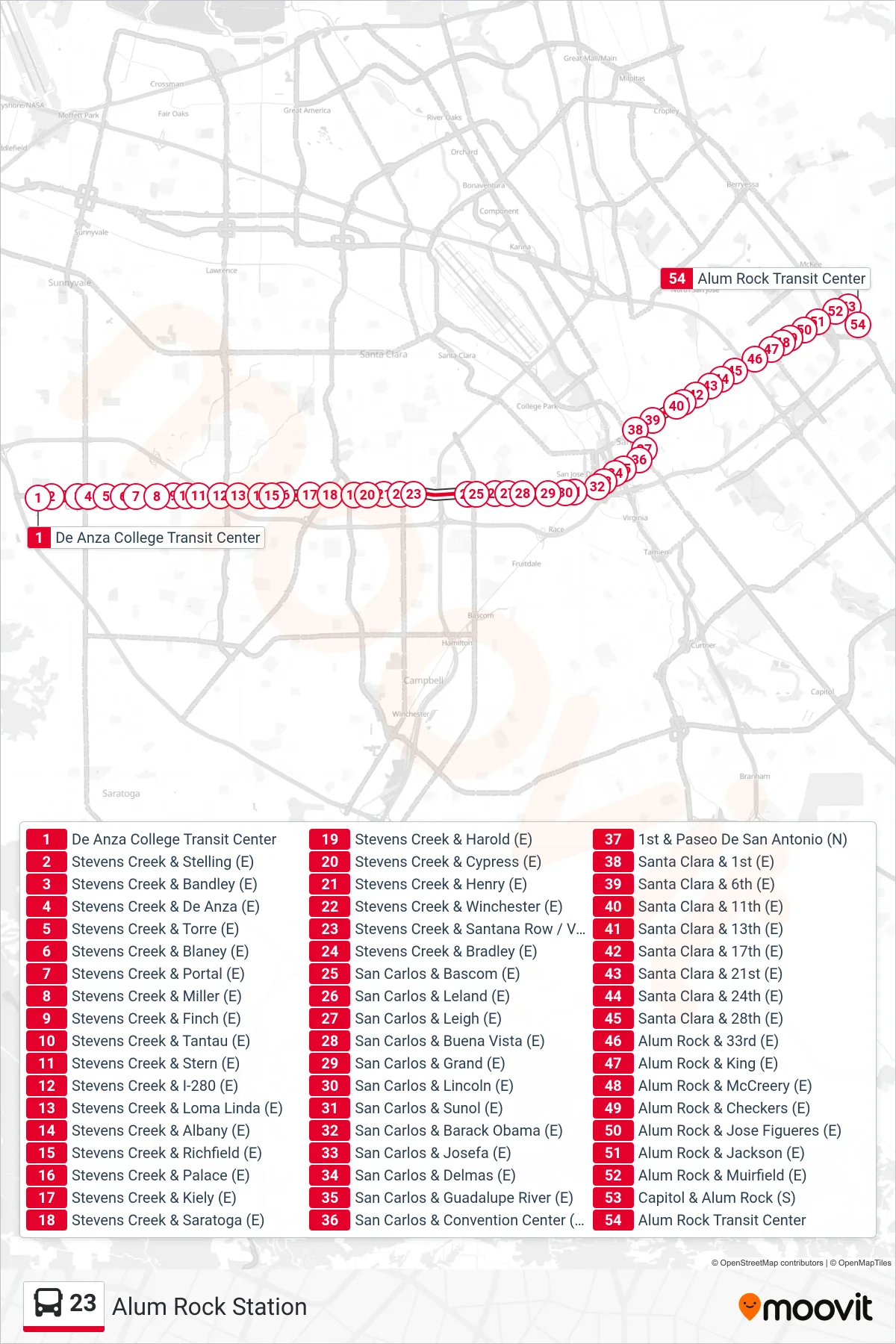 23 bus Line (Alum Rock Station) route and stops on a map