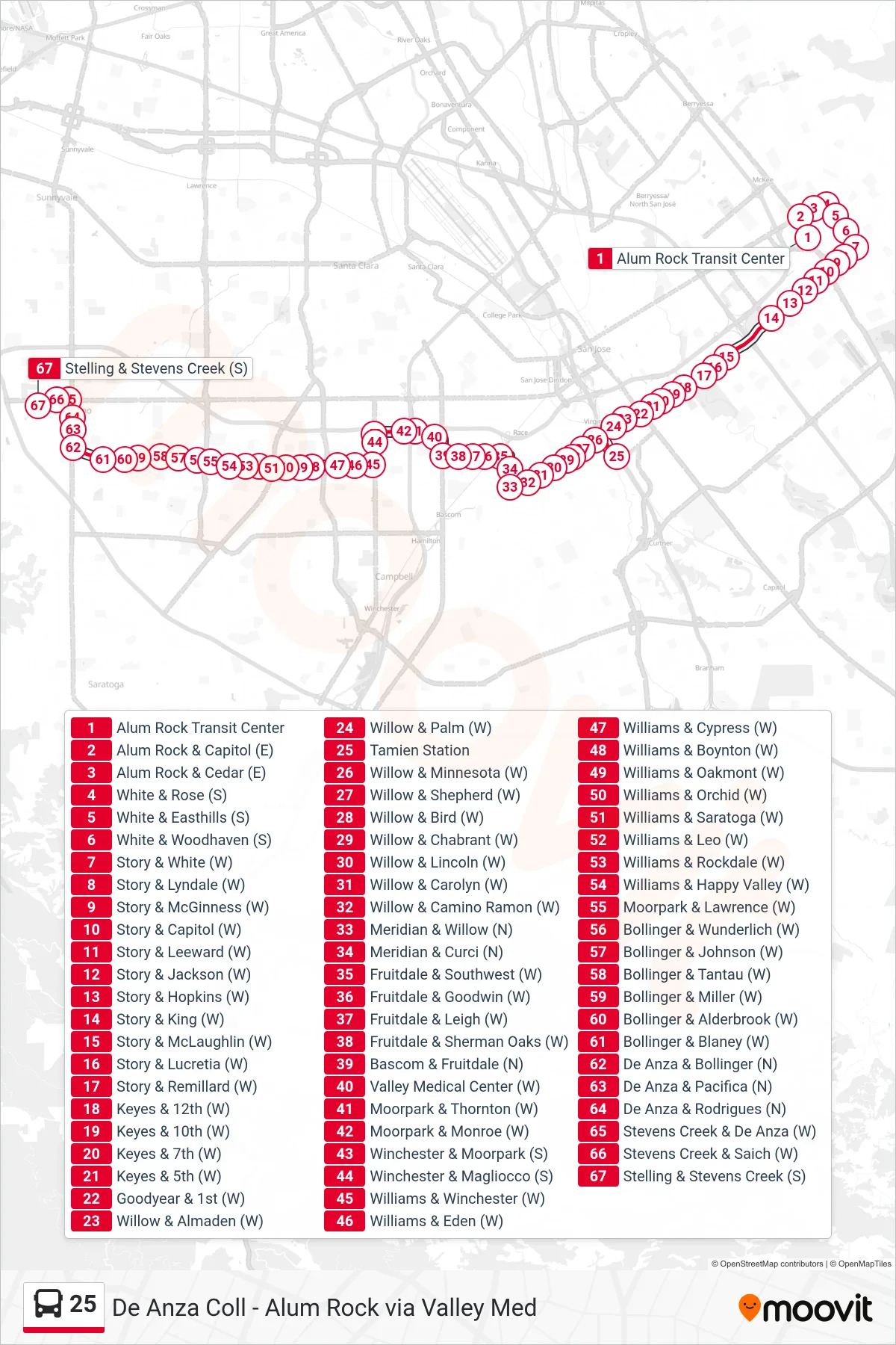 25 bus Line (De Anza College) route and stops on a map