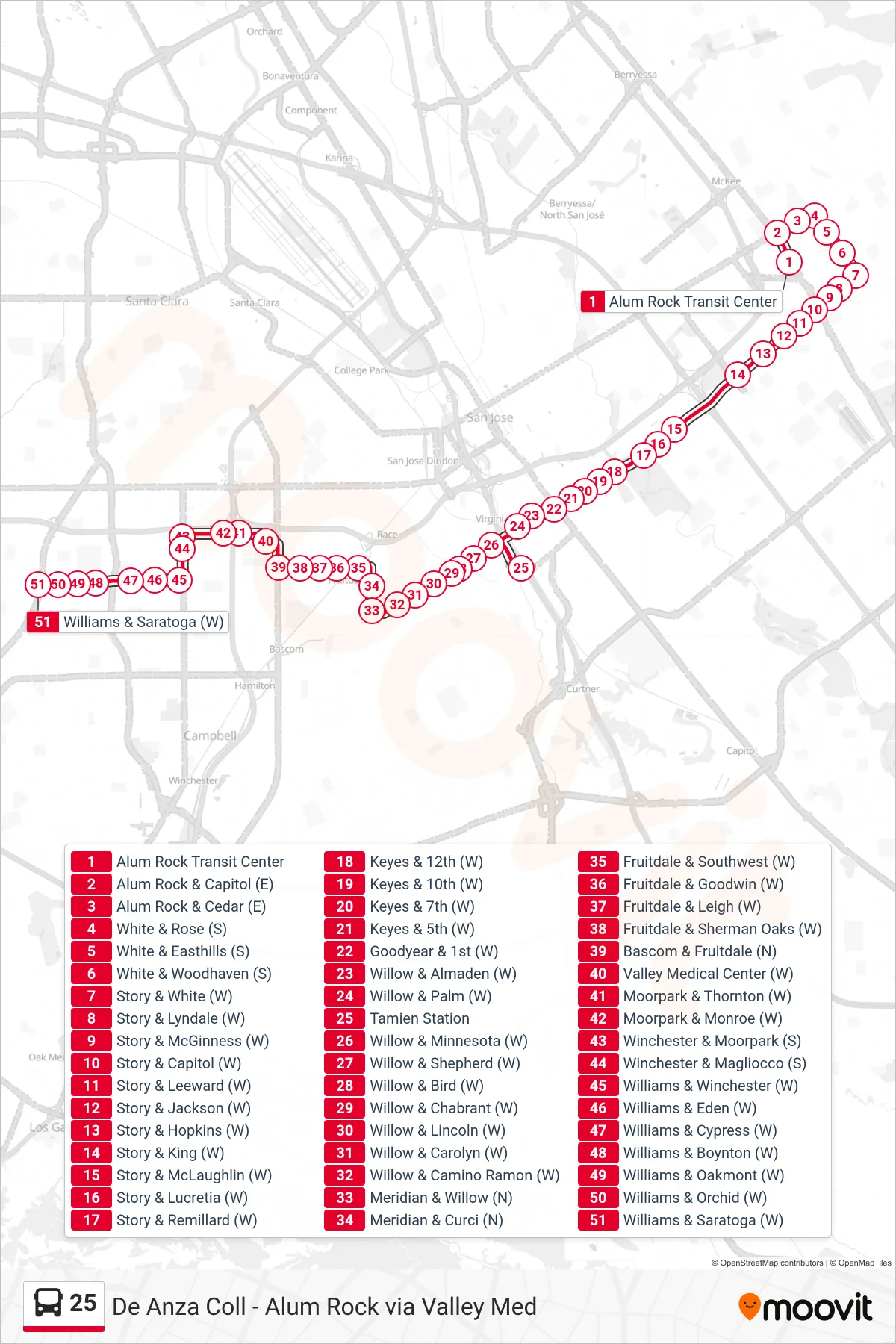 25 bus Line (Williams & Saratoga) route and stops on a map