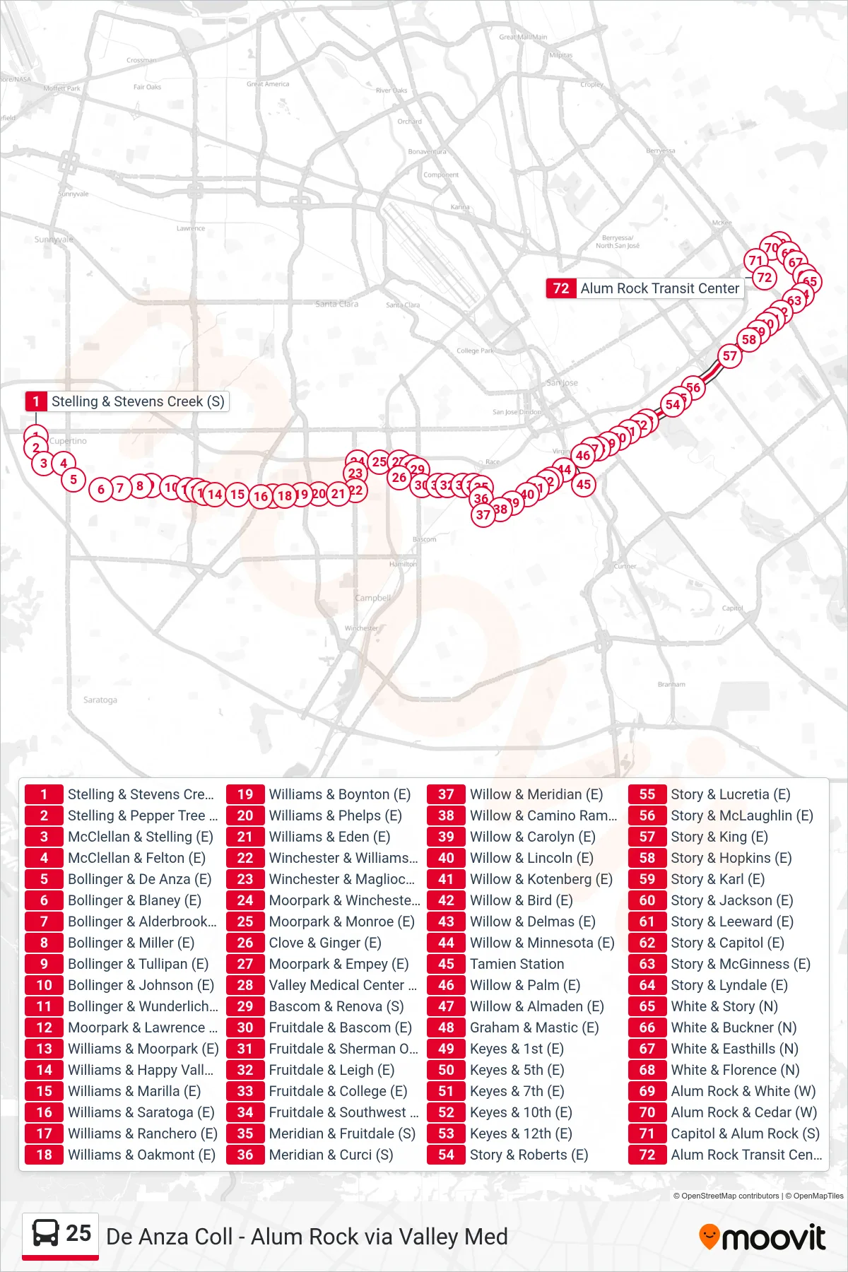 25 bus Line (Alum Rock Station) route and stops on a map