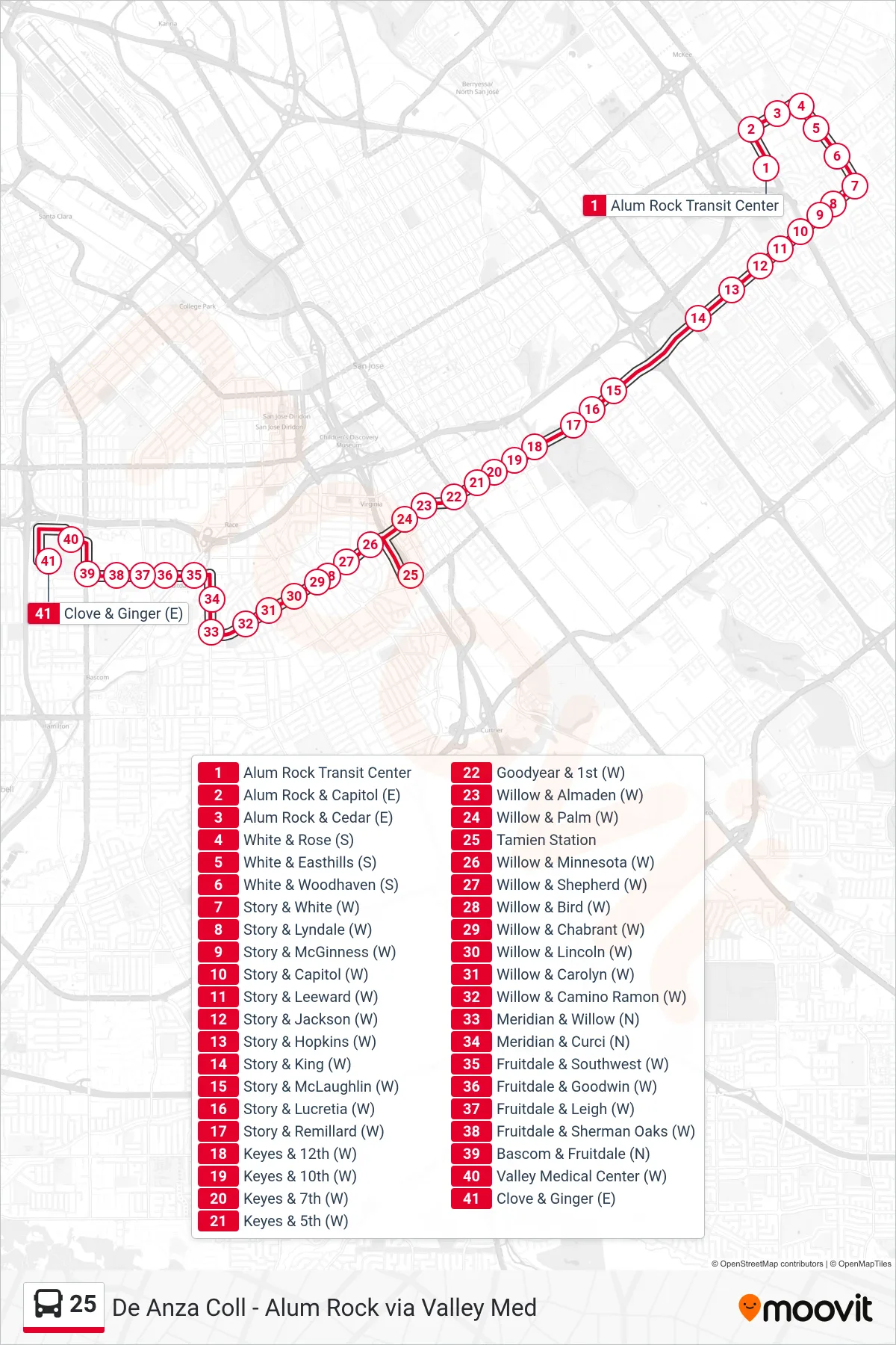 25 bus Line (Valley Medical Ctr) route and stops on a map