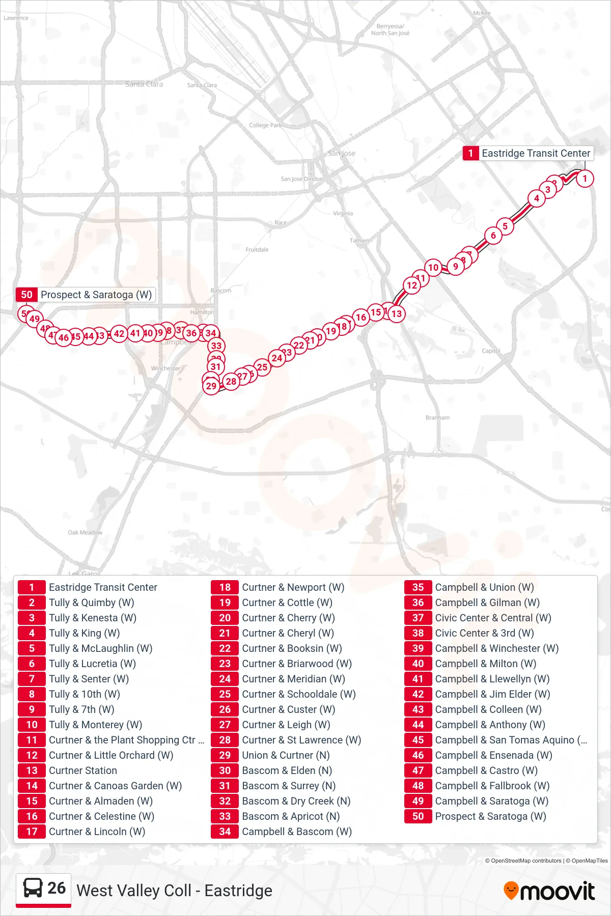 26 bus Line (Westgate) route and stops on a map