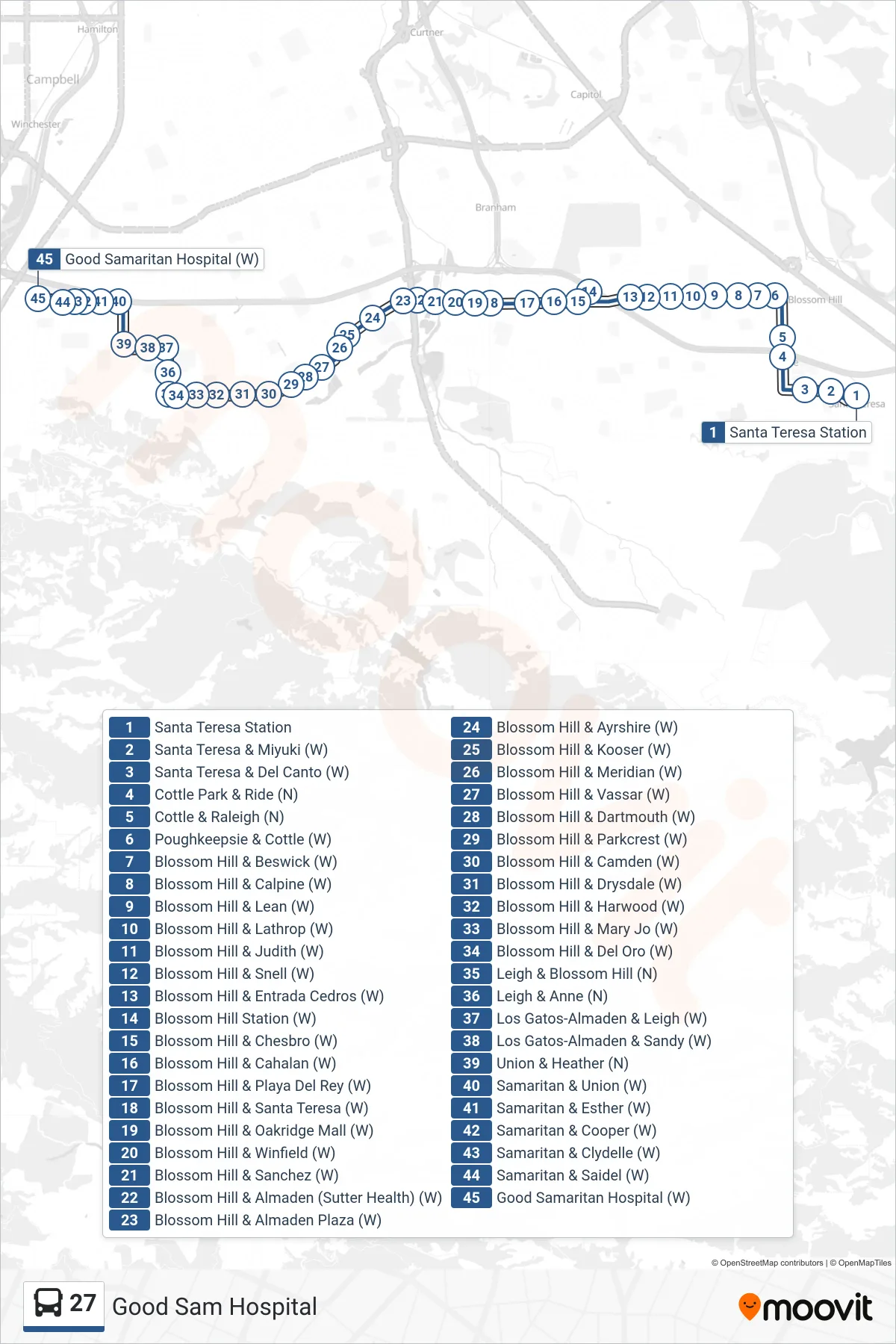 27 bus Line (Good Sam Hospital) route and stops on a map