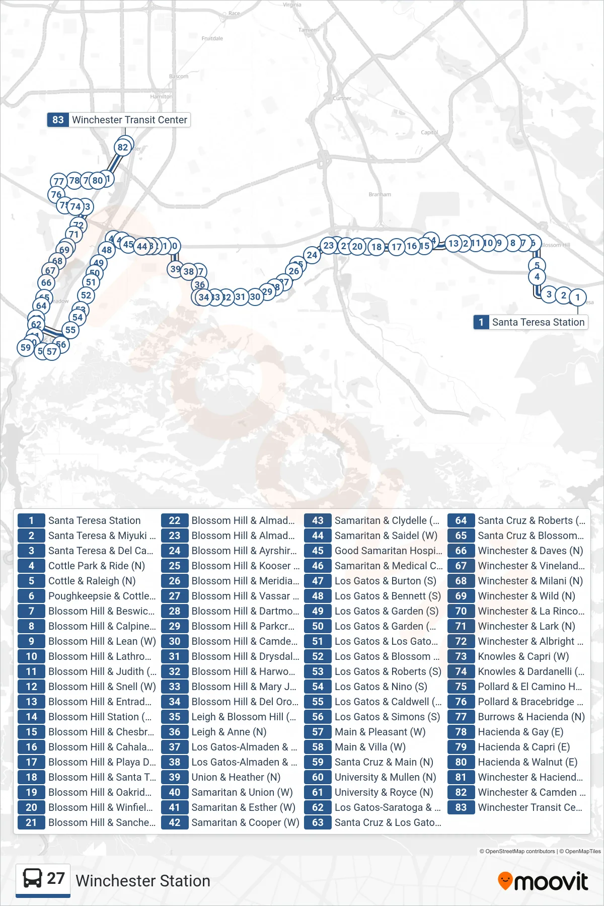 27 bus Line (Winchester Station) route and stops on a map