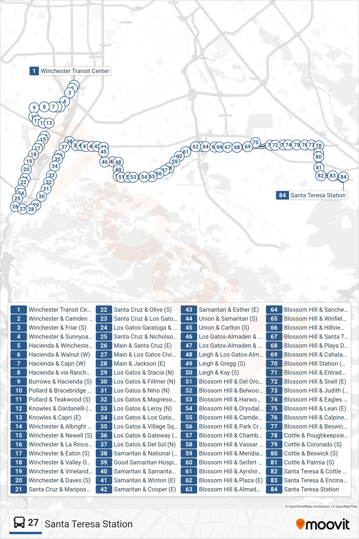 27 bus Line (Santa Teresa Station) route and stops on a map