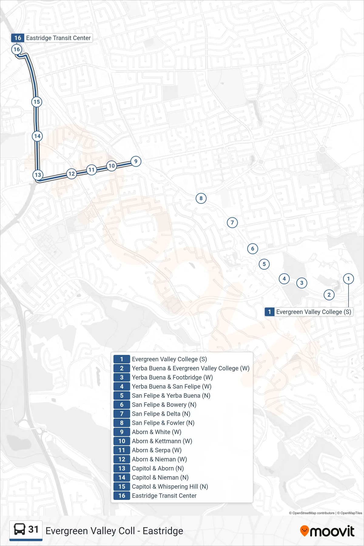 31 bus Line (Eastridge) route and stops on a map