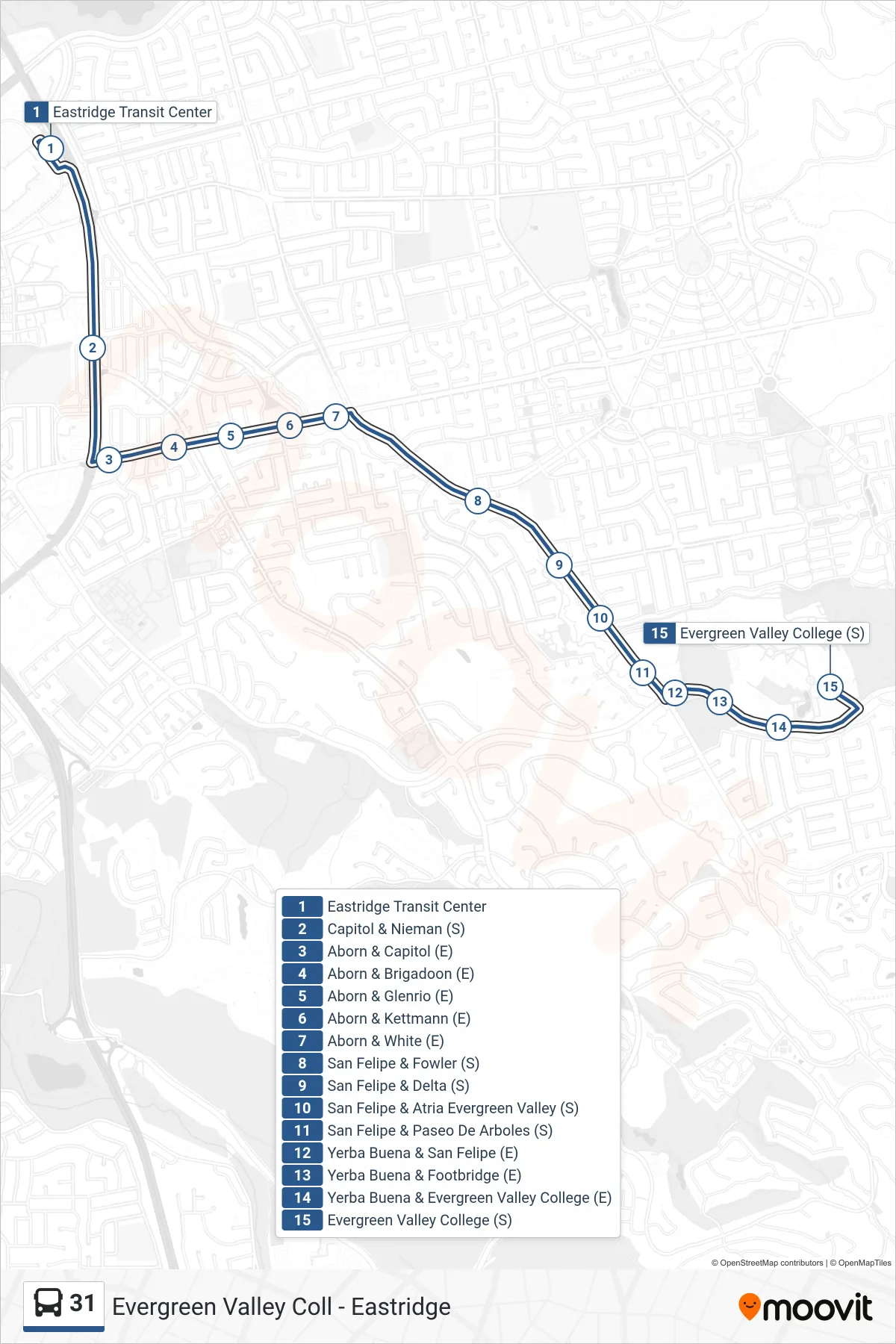 31 bus Line (Evergreen Valley College) route and stops on a map