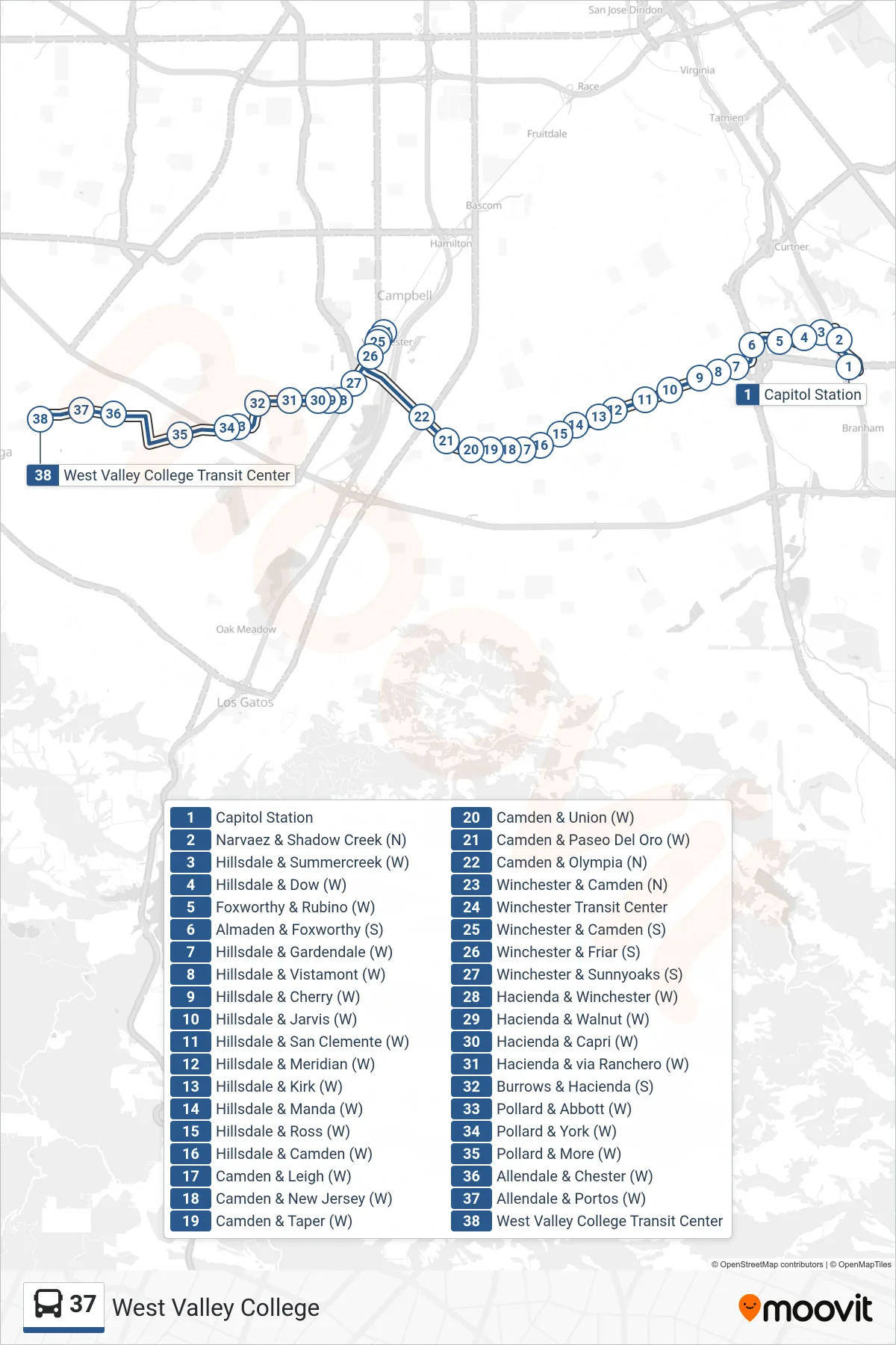 37 bus Line (West Valley College) route and stops on a map