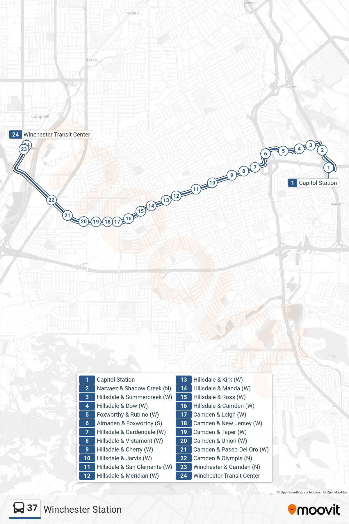 37 bus Line (Winchester Station) route and stops on a map